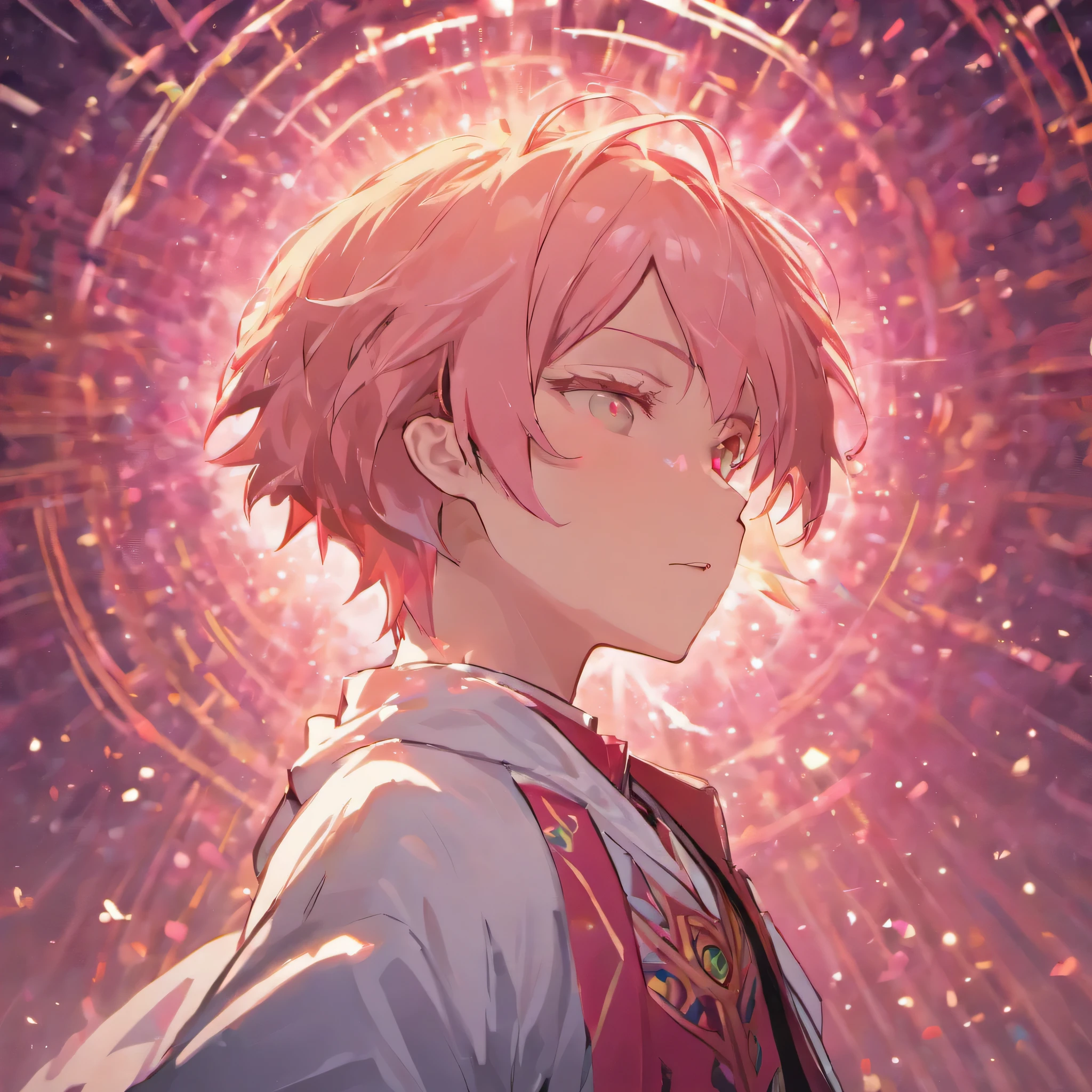 (masterpiece, best quality, highres, 16k),One handsome man, pink-blond hair, (lame white jacket, red rose on chest,),Sing, spotlight, stage,Detailed images, sparkling,