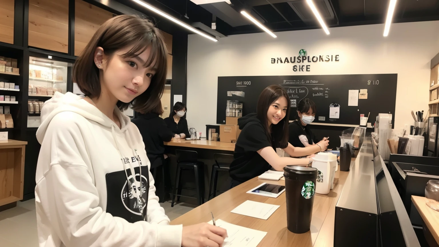 (8K, Raw photo, highest quality, masterpiece:1.2), (realistic, photo-realistic:1.4), (Highly detailed 8K wallpaper), perfect female body, famous japanese idol, 20 year old girl,  japanese model, medium short hair, messy hair, light brown hair, hoodie,Starbucks, I can see other customers enjoying themselves too...。At the back of the cafe、Staff are busy working at the counter。