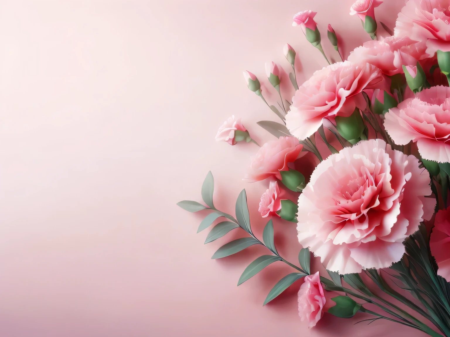 Photorealistic and highest quality Laid with elegant, three-dimensional pink carnations and fresh greenery. Large copy space on the right background is pink