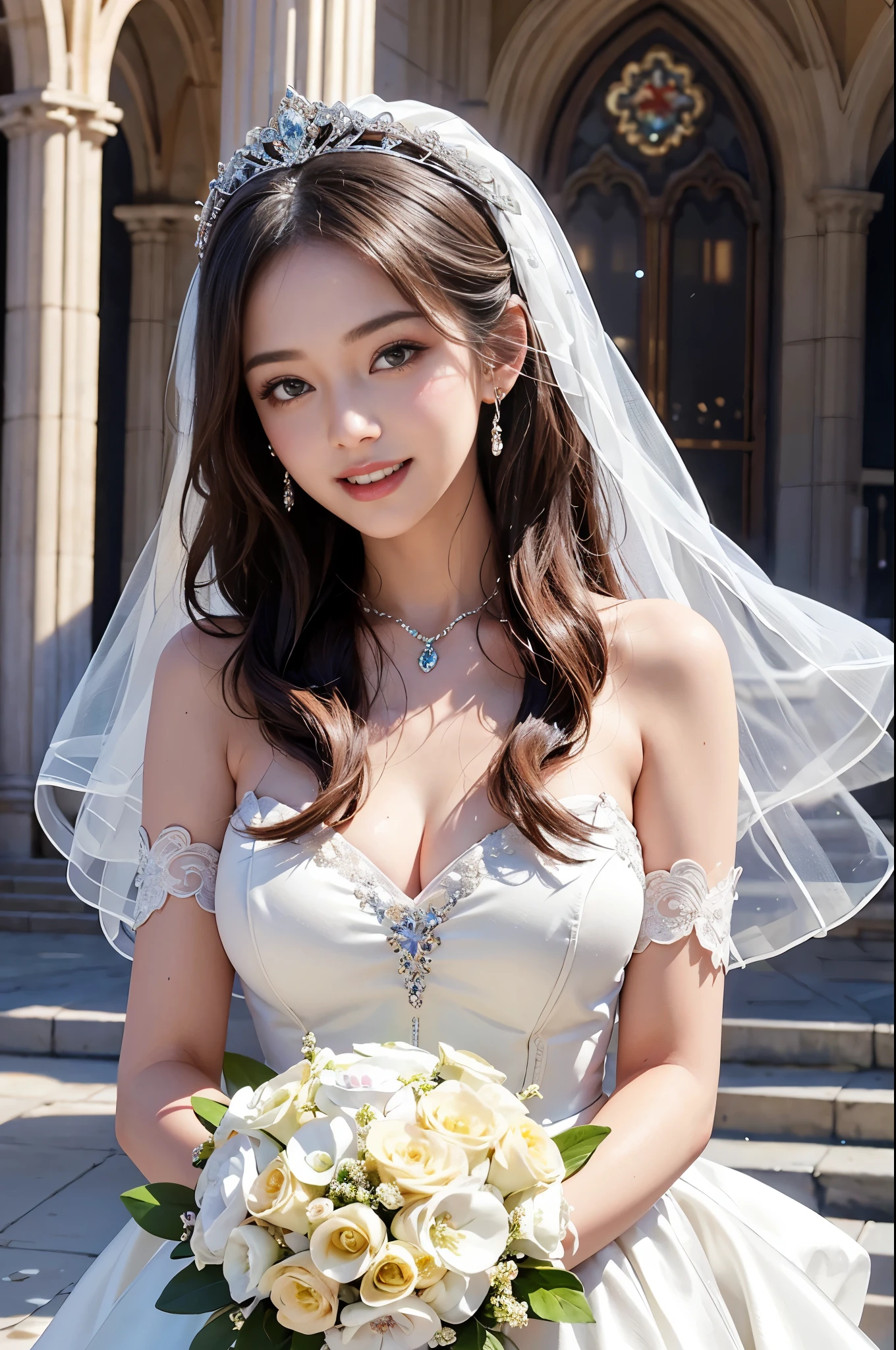best quality, masterpiece, 1 girl, (huge laugh), cute , shiny lips, sweet, sun glare, Conservative attire, Beaded bell-line wedding dress, white gloves, bouquet, bridal tiara, depth of field, blurred background, Cathedral Background, light particles, strong wind, head tilt, long hair,