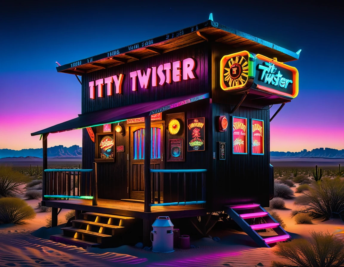  A two-storey wooden roadside house in the desert. on the roof there is a neon sign "Titty Twister" ("Titty Twister") with neon drawings of women's . Under the sign, the neon text "From Dusk Till Dawn". is a reference to the film "From Dusk to Dawn" by Tarantino, hyper detailed, Night New York city , sharp focus, studio photo, intricate details, highly detailed, close-up, neon ambiance, abstract black oil, gear mecha, detailed acrylic, grunge, intricate complexity, rendered in unreal engine, photorealistic, with the caliber of 8k artistic photography. High Resolution, High Quality, Masterpiece. 