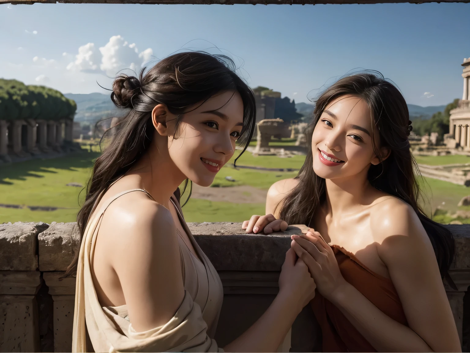 ancient roman sculpture,Ancient Roman ruins,Poussin-style landscape,A smile,,Sweet and seductive appearance.、Caravaggio's paintings、Chiaroscuro of Caravaggio、Hair disheveled in the wind,Two women frolicking,Cute smile, Expression of ecstasy,A sexy