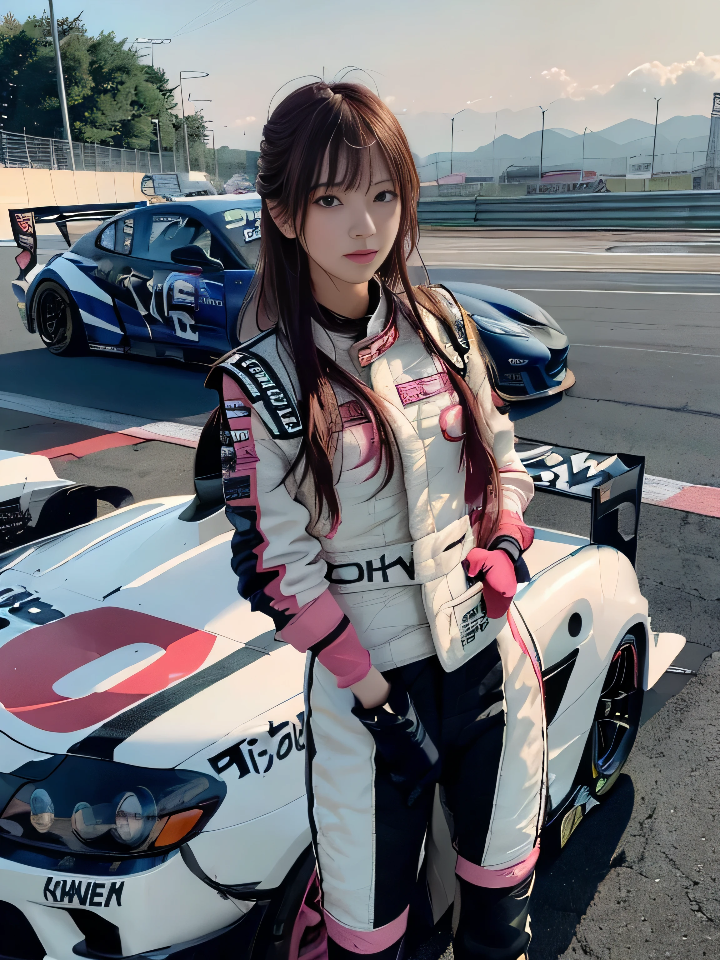 (((RAW image quality:1.4))), highest quality, ultra high resolution, (realistic: 1.4), (pink long hair: 1.3), (azur lane\), 1 girl, Japanese, 15 years old, (slender body:1.4), view audience, detailed face, contrasting, smooth skin, perfect anatomy, Suzuka Circuit, blue sky, futuristic fashion, streetwear, tech fabric, racing suit, Refractory materials, elbow and knee pads, racing gloves, personalized embroidery, (Race car in background:1.4), strong sunlight, midsummer daytime, clear blue sky,