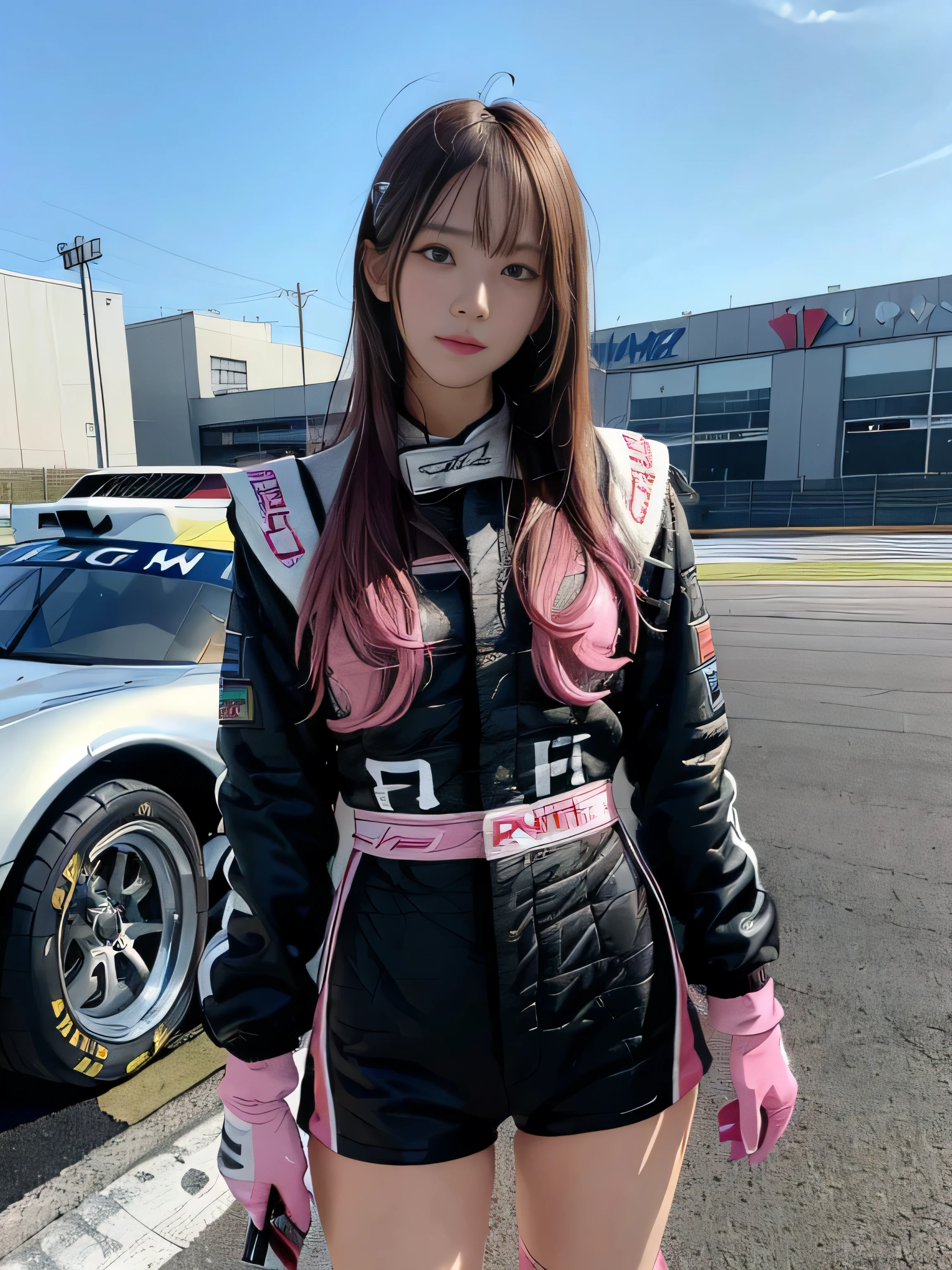 (((RAW image quality:1.4))), highest quality, ultra high resolution, (realistic: 1.4), (pink long hair: 1.3), (azur lane\), 1 girl, Japanese,d, (slender body:1.4), view audience, detailed face, contrasting, smooth skin, perfect anatomy, Suzuka Circuit, blue sky, futuristic fashion, streetwear, tech fabric, racing suit, Refractory materials, elbow and knee pads, racing gloves, personalized embroidery, (Race car in background:1.4), strong sunlight, midsummer daytime, clear blue sky,