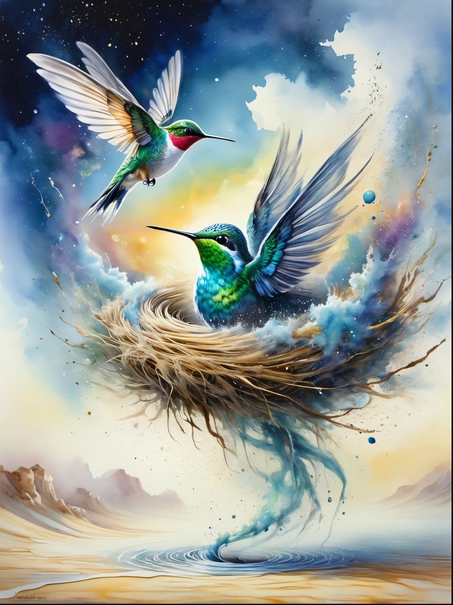 watercolor art, Nest and hummingbird, WatercolorNest and hummingbird, 多彩的水彩鸟Nest and hummingbird漂浮在地球和星空之间的空间中,Represents a smooth transition between the clouds above and the sand below., Cosmic dust falls to the ground,Forming nests and hummingbirds, 宇宙尘埃以Nest and hummingbird的形式连接天地, Watercolor psychedelic art, International Watercolor Competition Winners
