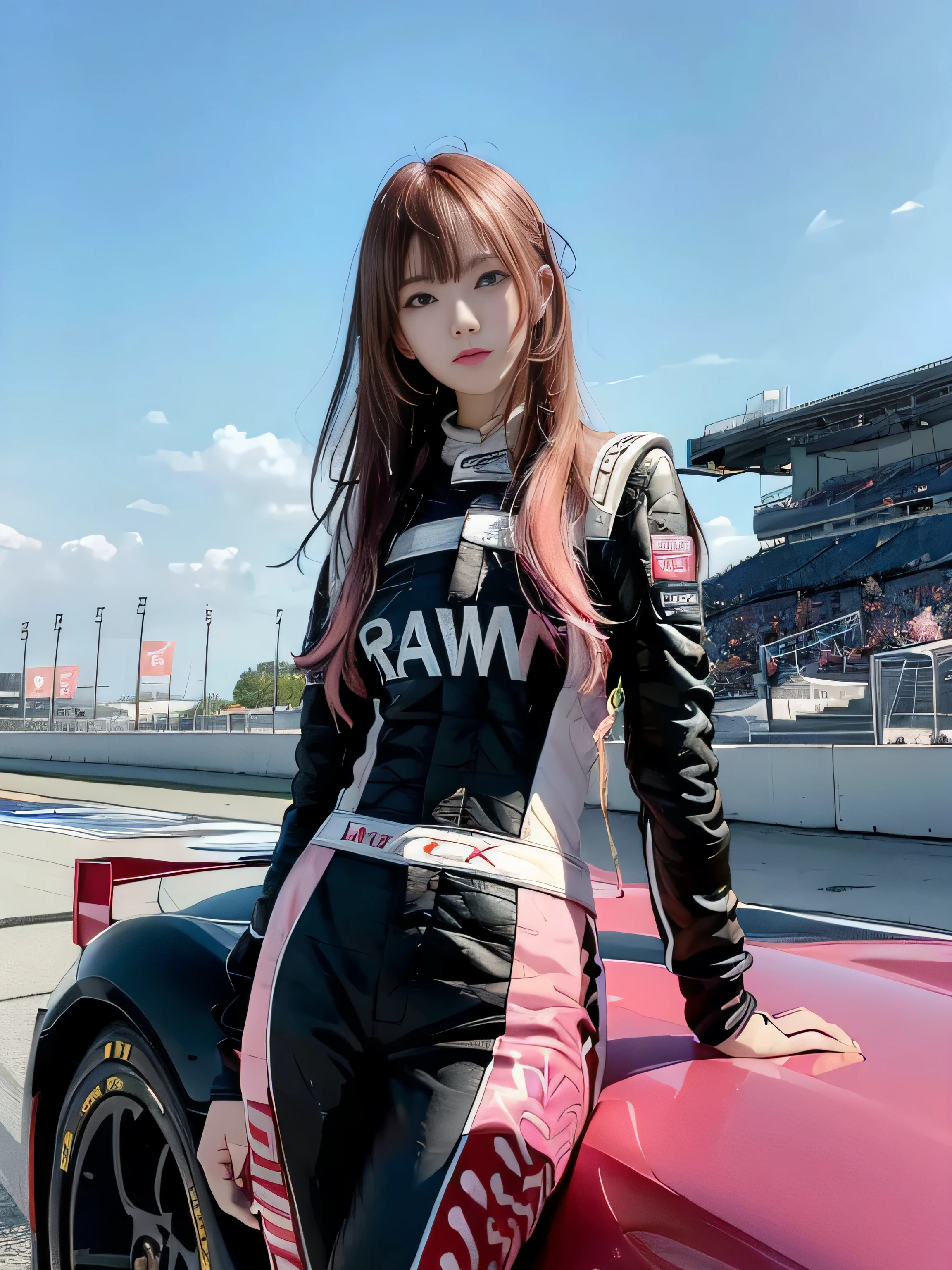 (((RAW image quality:1.4))), highest quality, ultra high resolution, (realistic: 1.4), (pink long hair: 1.3), (azur lane\), 1 girl, Japanese, 15 years old, (slender body:1.4), view audience, detailed face, contrasting, smooth skin, perfect anatomy, Suzuka Circuit, blue sky, futuristic fashion, streetwear, tech fabric, racing suit, Refractory materials, elbow and knee pads, racing gloves, personalized embroidery, (Race car in background:1.4), strong sunlight, midsummer daytime, clear blue sky,