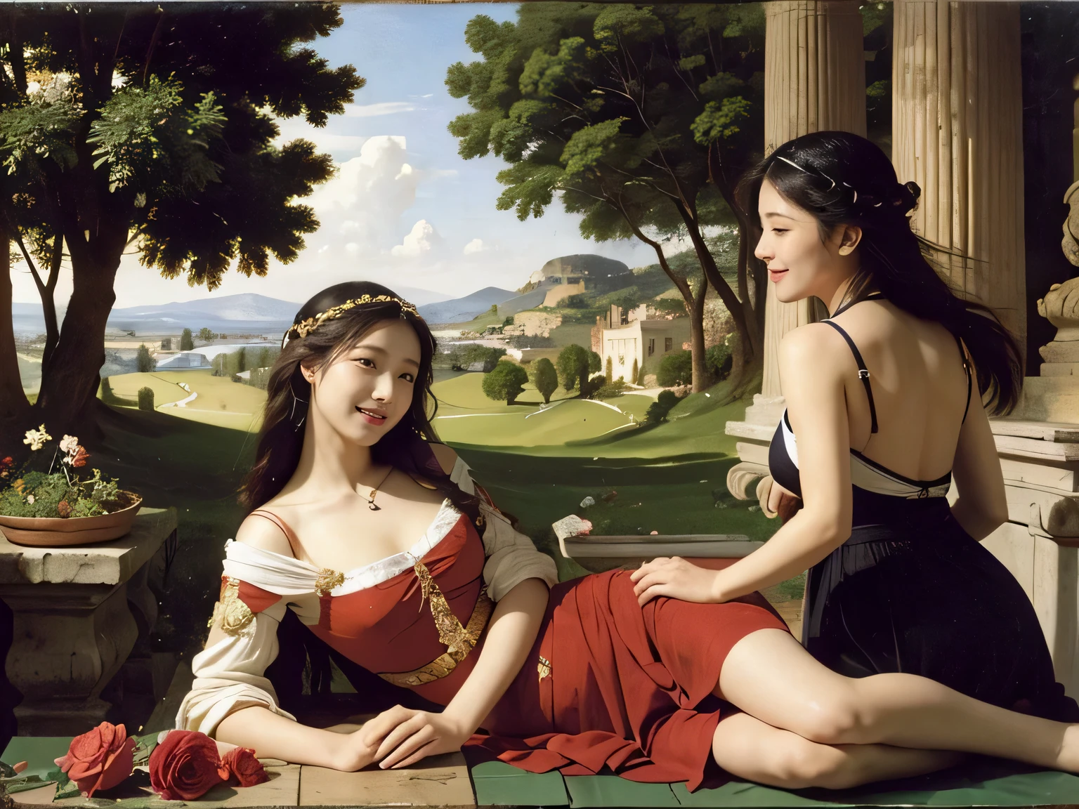Giorgione painting style,Arguments of two female Philosophe,math、astronomical machine、astronaut、roses in vase、fruits、Cute trinkets、smile、ancient greek costume、Ancient Roman landscape in the style of Nicolas Poussin,laughter,,Sweet and seductive appearance.、Caravaggio's paintings、Chiaroscuro of Caravaggio、hair tousled by the wind,Two women frolicking,cute smile, expression of ecstasy,Sexy,erotic