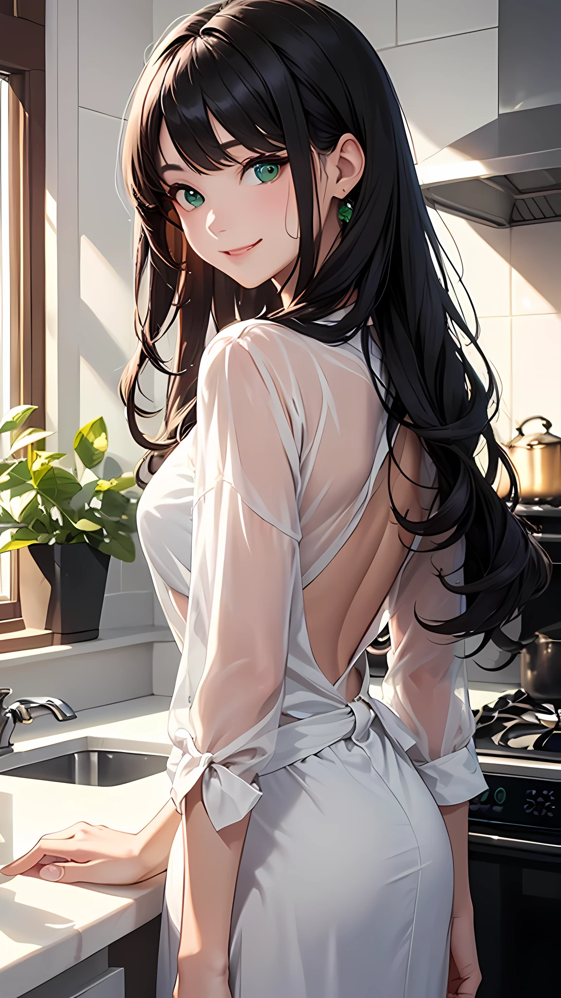 highest quality、masterpiece、8K、1 female、20-year-old、black hair、Wavy Long Hair、bangs、(ordinary cute woman)、(smile)、kitchen、blouse、emerald green eyes、sparkling eyes、big bust、((from chest to head))、((look back))、(focus on face)、(transparent)、(pure)、