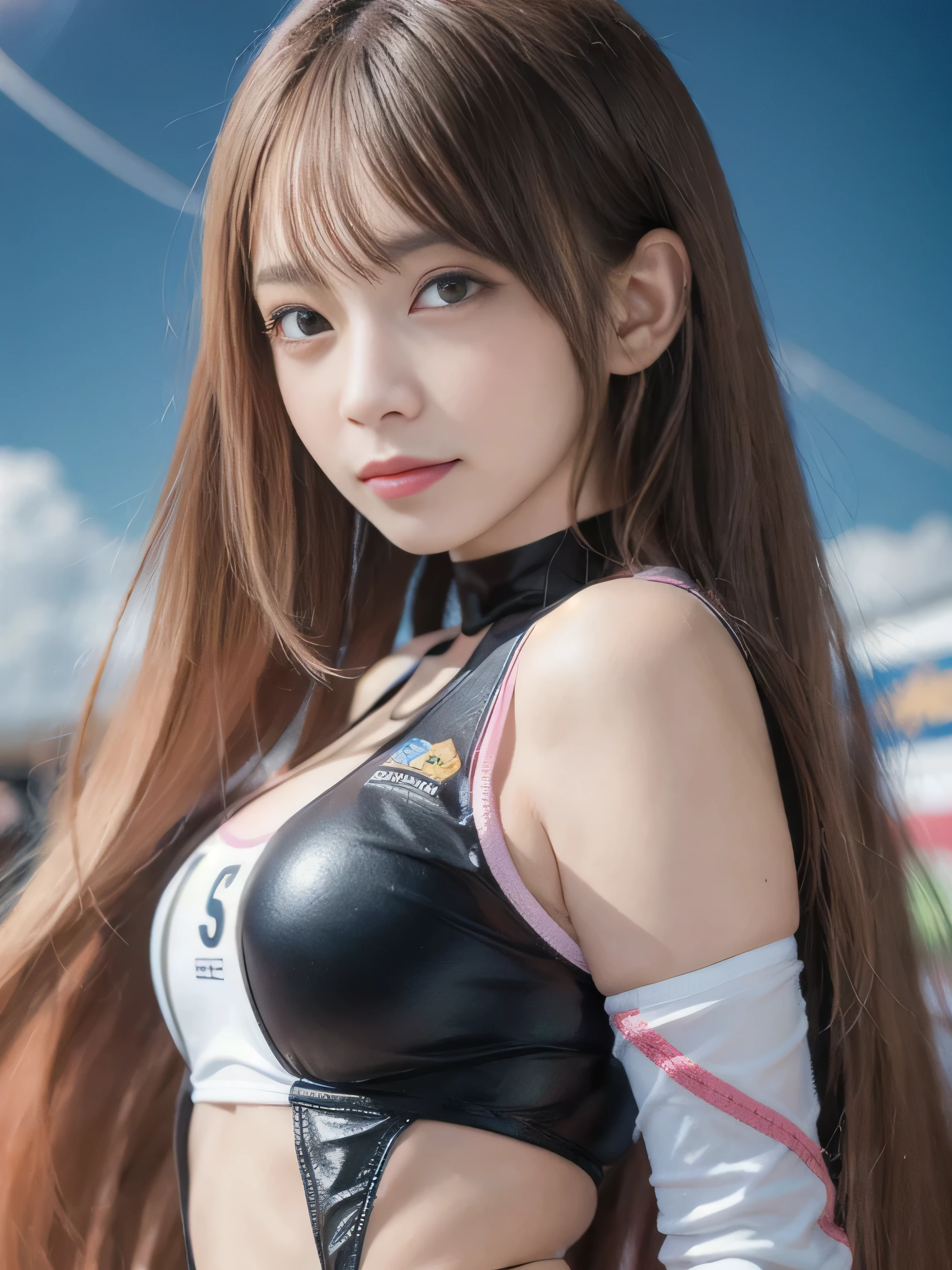 (((RAW image quality:1.4))), highest quality, ultra high resolution, (realistic: 1.4), (pink long hair: 1.3), (azur lane\), 1 girl, Japanese, 15 years old, (slender body:1.4), view audience, detailed face, contrasting, smooth skin, perfect anatomy, Suzuka Circuit, blue sky, futuristic fashion, streetwear, tech fabric, racing suit, Refractory materials, elbow and knee pads, racing gloves, personalized embroidery, Race car in background, strong sunlight, midsummer daytime, clear blue sky,