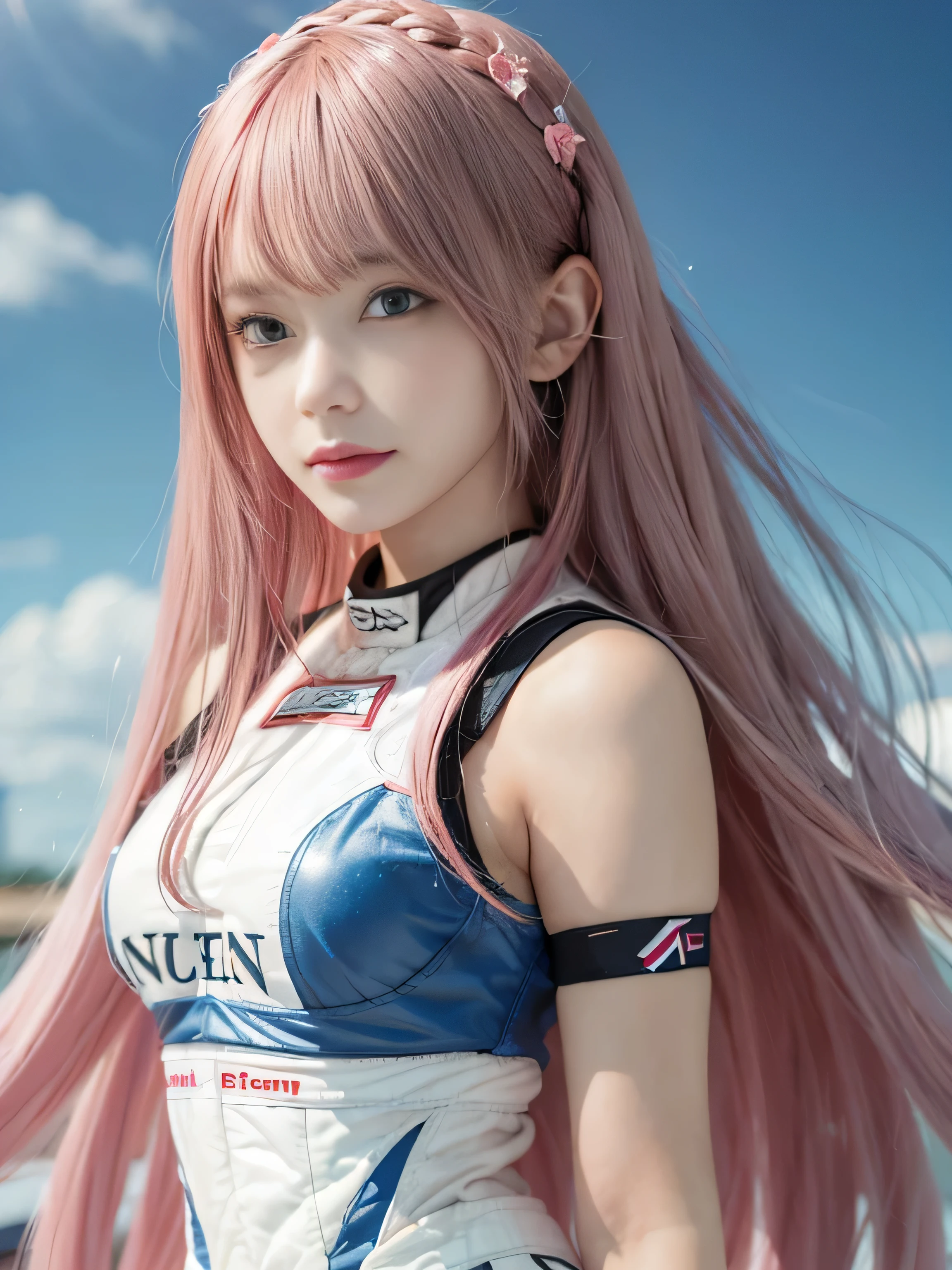 (((RAW image quality:1.4))), highest quality, ultra high resolution, (realistic: 1.4), (pink long hair: 1.3), (azur lane\), 1 girl, Japanese, 15 years old, (slender body:1.4), view audience, detailed face, contrasting, smooth skin, perfect anatomy, Suzuka Circuit, blue sky, futuristic fashion, streetwear, tech fabric, racing suit, Refractory materials, elbow and knee pads, racing gloves, personalized embroidery, (Race car in background:1.4), strong sunlight, midsummer daytime, clear blue sky,