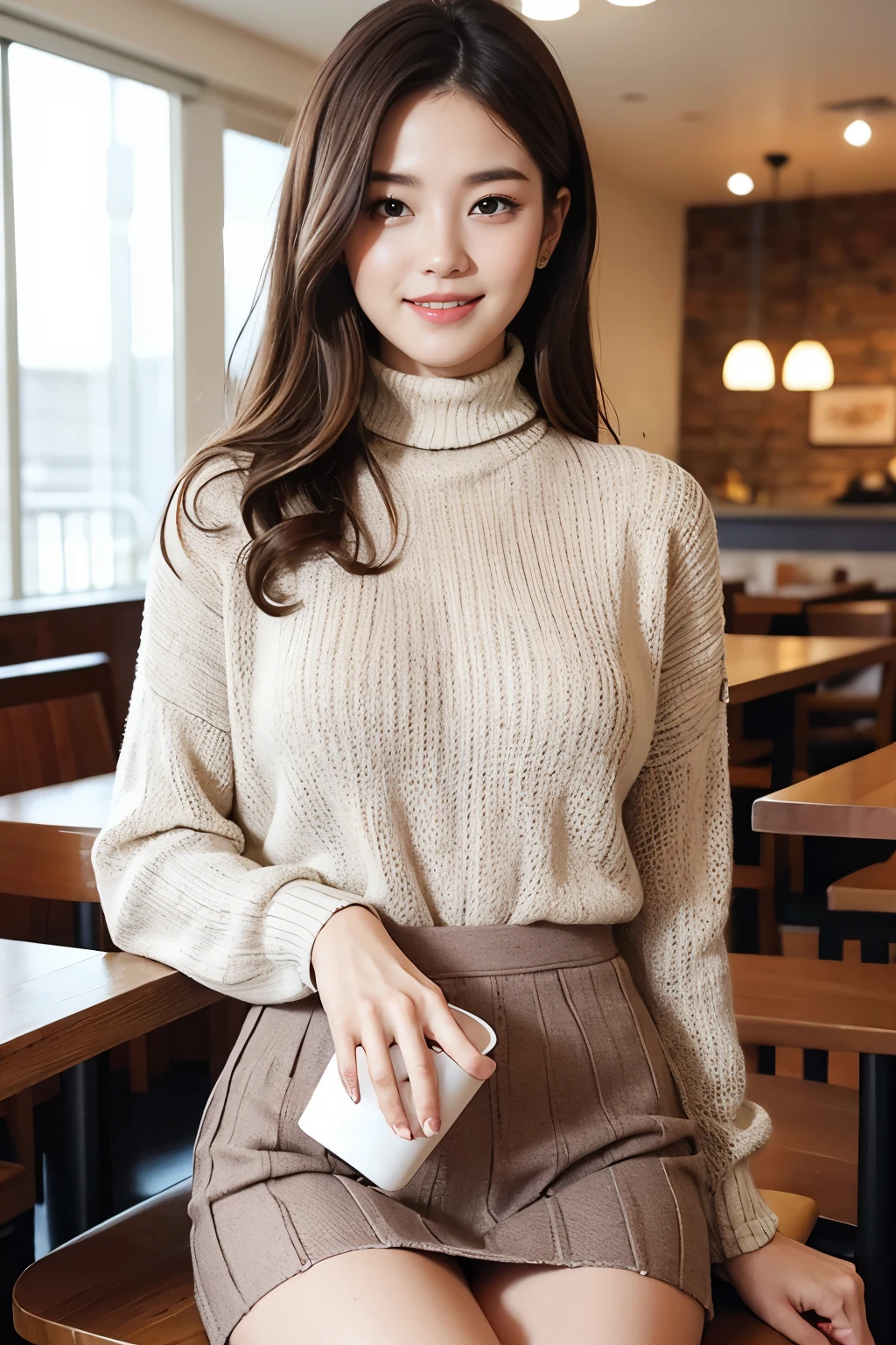 highest quality, masterpiece, 8k, ultra high resolution, (realistic: 1.4), 1 girl, beautiful face, symmetrical eyes, big, perfect body proportions, ((permed hair))、((brown hair)), Female college student、((Summer knitwear on turtleneckini skirt:1.4))、food on the table、sit on a chair、the gaze of the beholder, ((restaurant、blurred background)), Absolute area (1.3), Beer 、friendly smile、seems kind、cowboy shot