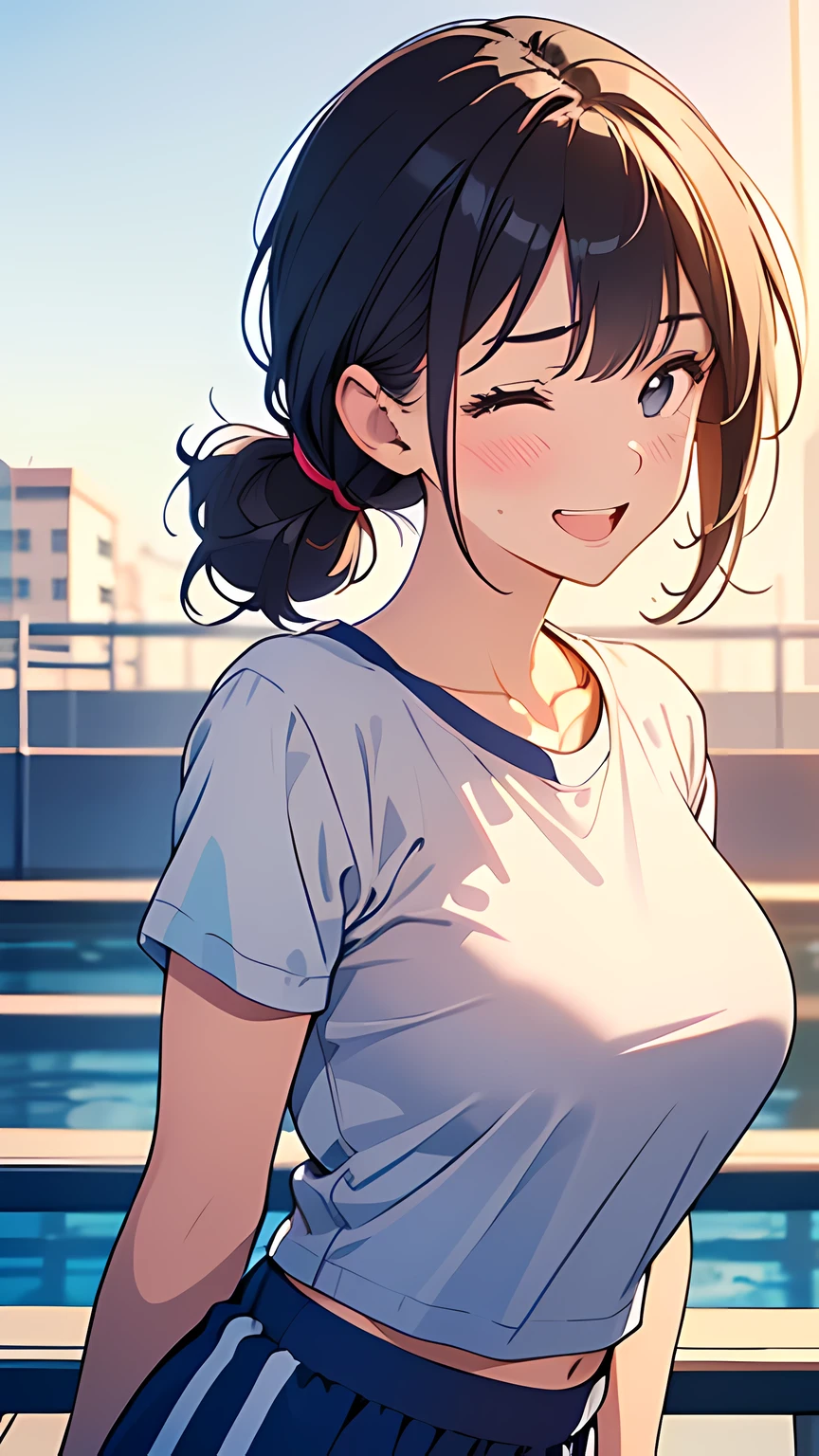 masterpiece,best quality, ultra high res,(beautiful woman:1.2),(beautiful Oversized breasts:1.3),(happy:1.2),(enjoy:1.2), (dark hair:1), (short low ponytail:1.2), medium hair,a sexy mole around the mouth,wet lip, (burst into laughter:1.4), Laughing at  viewer, (squinting:1.4), (shoot from side:1.2),(simple plain uniform:1.5),(gym uniform:1), school gym clothes,(plain:1.8),(wearing round neck white t-shirt:1.2), navy blue short Sweatpants , upper body shot,