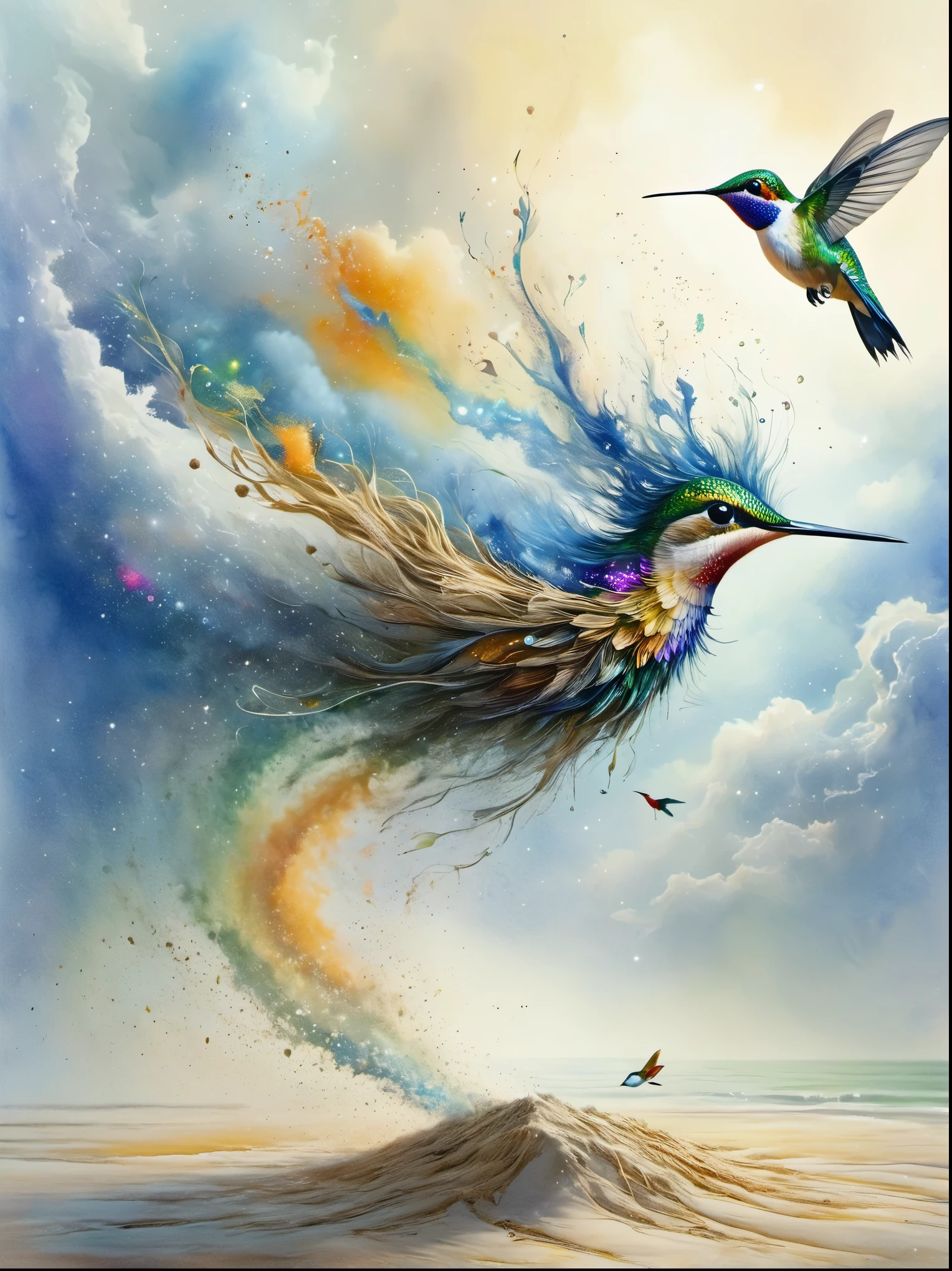 watercolor art, Nest and hummingbird, WatercolorNest and hummingbird, 多彩的水彩鸟Nest and hummingbird漂浮在地球和星空之间的空间中,Represents a smooth transition between the clouds above and the sand below., Cosmic dust falls to the ground,Forming nests and hummingbirds, 宇宙尘埃以Nest and hummingbird的形式连接天地, Watercolor psychedelic art, International Watercolor Competition Winners