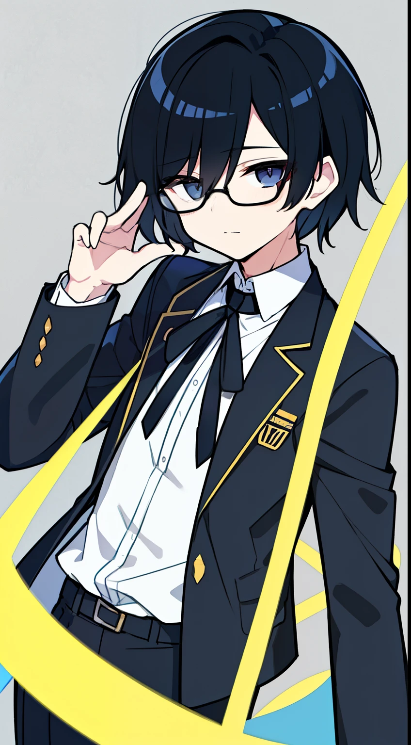 (highest quality、masterpiece:1.2) ((1 boy)) black hair、black eye、short hair (black school uniform) (flat chest) (Glasses) beautiful and well-shaped face、dark look
