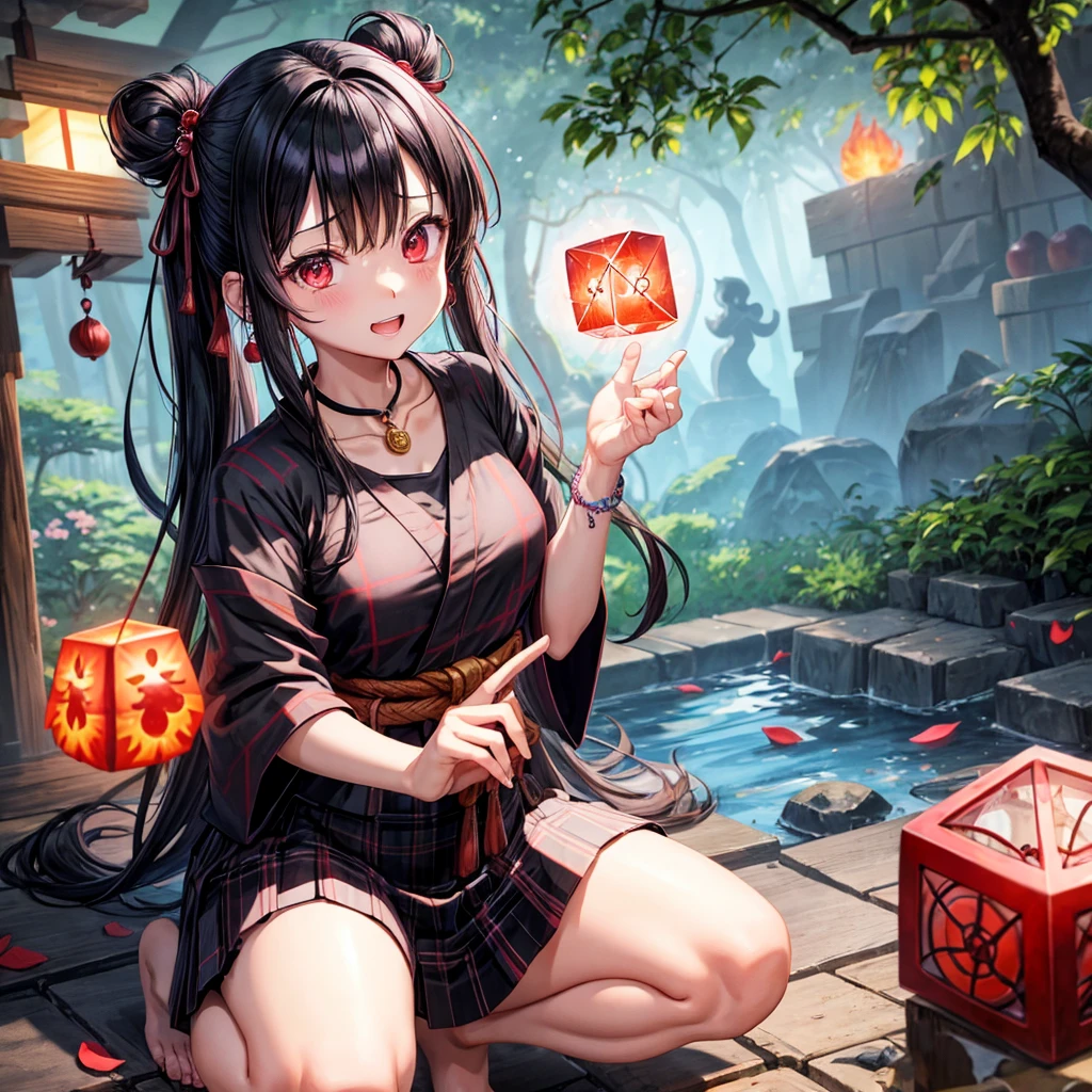 Pink-black hair、red eyes、one good looking girl、solo、anime、plaid mini skirt、black camisole、black t-shirt、kimono、wearing a ribbon、ribbon at waist、stone slabs are piled up、crystal earrings、jewelry necklace、Light and shadow、clock、universe、vine plant、petal、tilting one&#39;s face、teeth are visible、fire spirit、book of magic、Cube、bamboo forest、lava、Plum blossom、squatting down、Have a kokeshi、moonlight