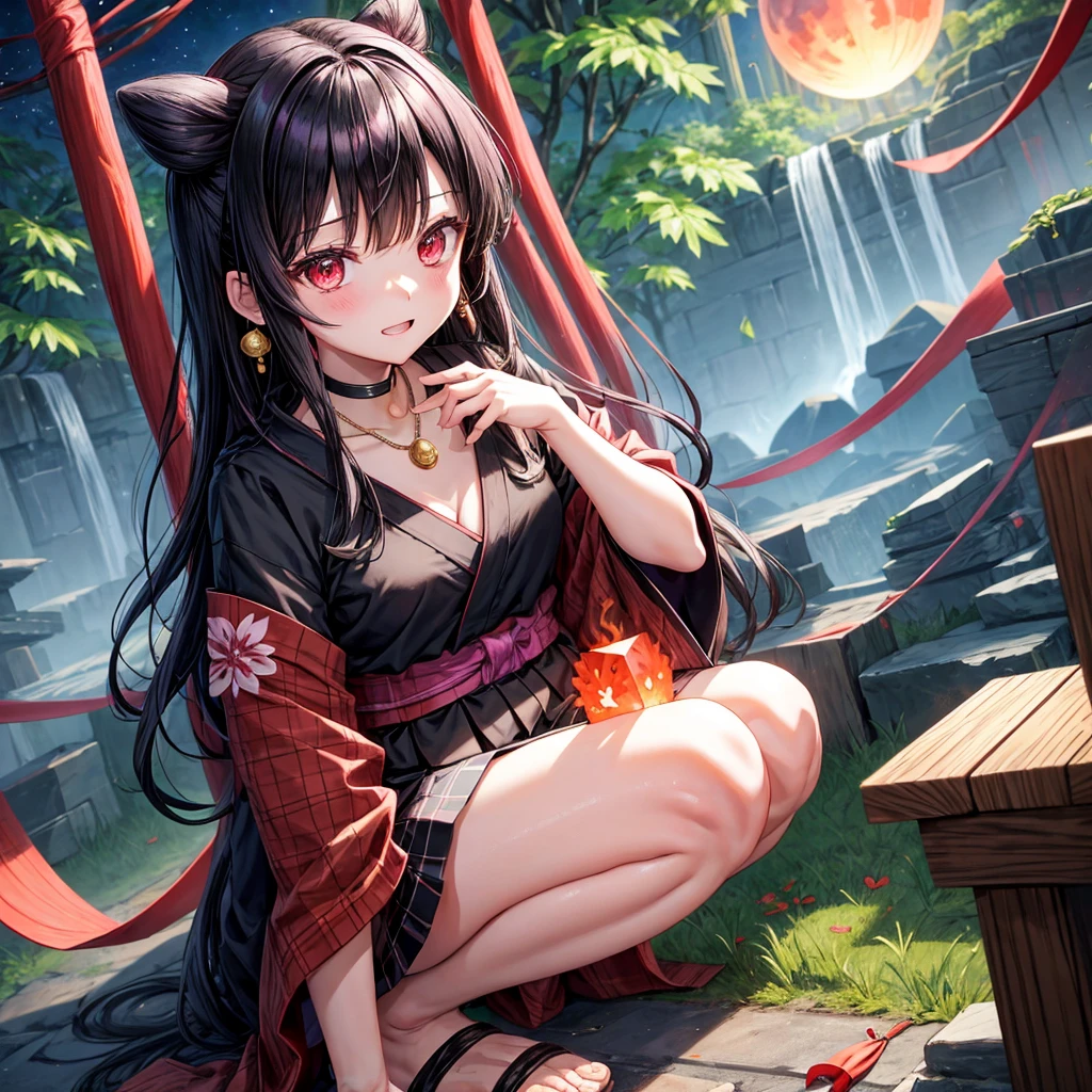 Pink-black hair、red eyes、one good looking girl、solo、anime、plaid mini skirt、black camisole、black t-shirt、kimono、wearing a ribbon、ribbon at waist、stone slabs are piled up、crystal earrings、jewelry necklace、Light and shadow、clock、universe、vine plant、petal、tilting one's face、teeth are visible、fire spirit、book of magic、Cube、bamboo forest、lava、Plum blossom、squatting down、Have a kokeshi、moonlight