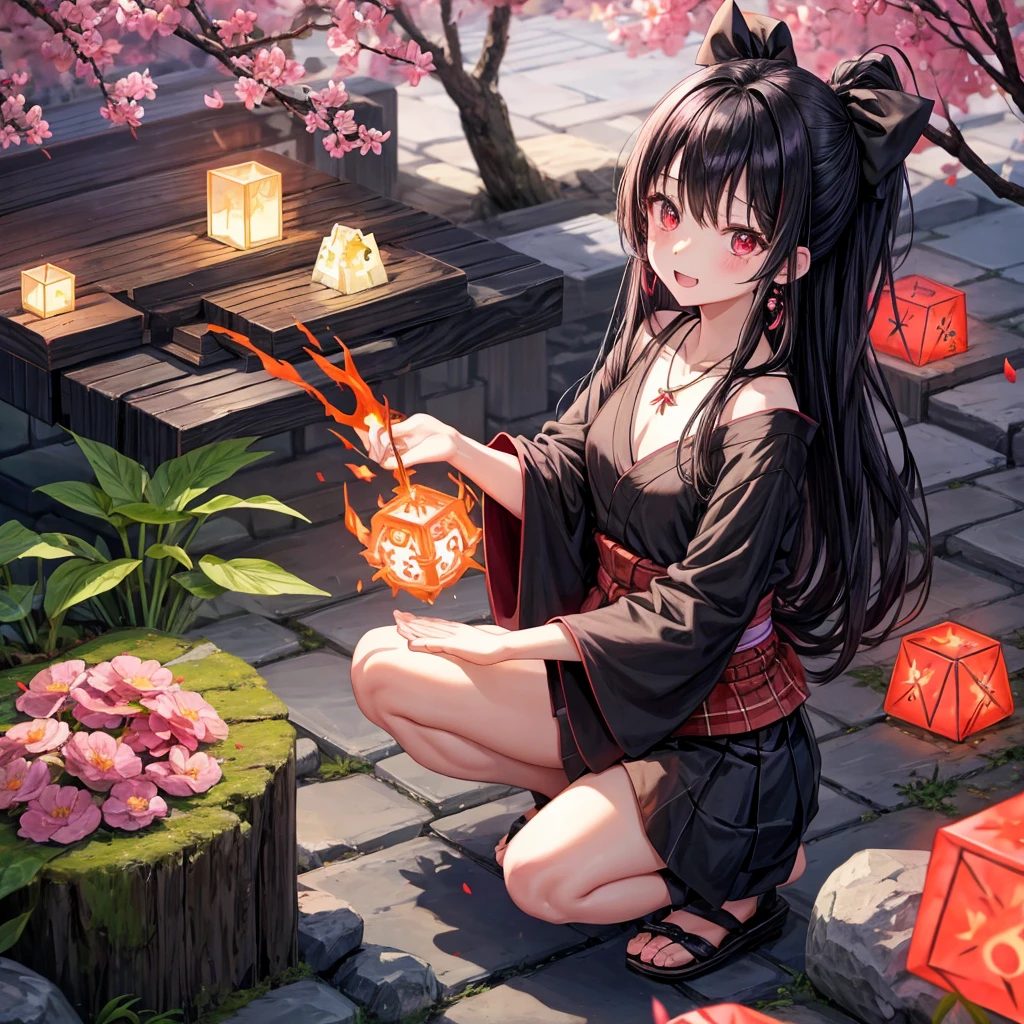 Pink-black hair、red eyes、one good looking girl、solo、anime、plaid mini skirt、black camisole、black t-shirt、kimono、wearing a ribbon、ribbon at waist、stone slabs are piled up、crystal earrings、jewelry necklace、Light and shadow、clock、universe、vine plant、petal、tilting one's face、teeth are visible、fire spirit、book of magic、Cube、bamboo forest、lava、Plum blossom、squatting down、Have a kokeshi、moonlight