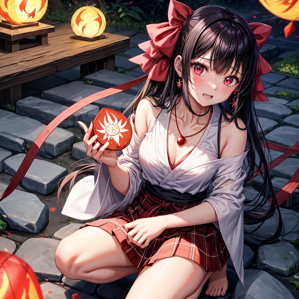Pink-black hair、red eyes、one good looking girl、solo、anime、plaid mini skirt、black camisole、black t-shirt、kimono、wearing a ribbon、ribbon at waist、stone slabs are piled up、crystal earrings、jewelry necklace、Light and shadow、clock、universe、vine plant、petal、tilting one&#39;s face、teeth are visible、fire spirit、book of magic、Cube、bamboo forest、lava、Plum blossom、squatting down、Have a kokeshi、moonlight