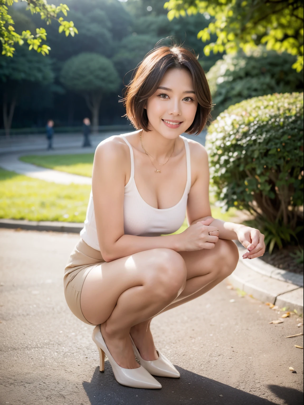 (Raw photo:1.2), (realistic:1.4),beautiful detailed woman,非常にfine eyesと顔, fine eyes, Super detailed,High resolution, very detailed,highest quality,enlightenment,unified,8k wallpaper,masterpiece,highest quality,1 female,alone,rich,Full body Esbian,(Slightly chubby body type:0.9),toned body shape,There'leg meat,slim waist,alone,(beige knit,temperament knit skirt,high heels),jewelry necklace short hair,gentle smile,dignified atmosphere,black eye,realistic,central park , (morning park:1.1)、(43 years old、Japanese)