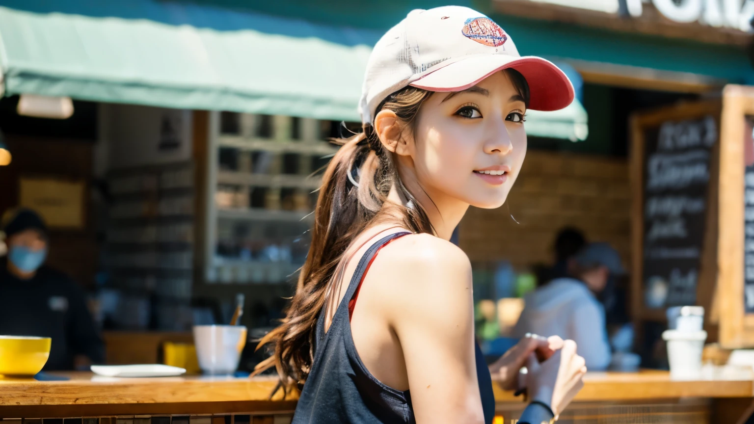 (8K, Raw photo, highest quality, masterpiece:1.2), (realistic, photo-realistic:1.4), (Highly detailed 8K wallpaper), perfect female body, famous japanese idol, 20 year old girl,  boyish Japanese model,sportswoman, light brown hair,sportswear,Return from jogging,cap hat ,inside a stylish cafe, I can see other customers enjoying themselves too.。At the back of the cafe、Staff are busy working at the counter。