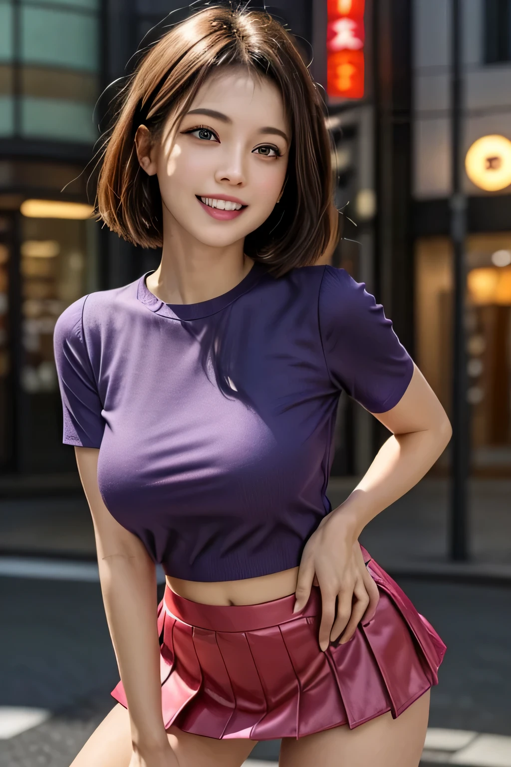 (Photoreal:1.4), (Super detailed), (highest quality), (best shadow), (masterpiece), ultra high resolution, 1 Ultimate beautiful mature woman, highly detailed face, (perfect teeth), fine eyes, double eyelid, eyelash, lip details, short black hair, (light purple fancy blouse:1.2), (red tight mini skirt:1.3), light pink panties, (big breasts), smile, thighs, Depth of written boundary, perfect lighting, With background: (Tokyo Ginza street)