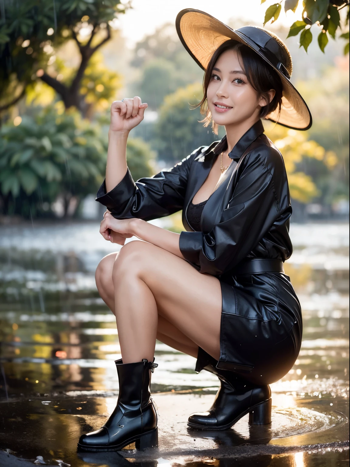 (Raw photo:1.2), (realistic:1.4),beautiful detailed woman,非常にfine eyesと顔, fine eyes, Super detailed,High resolution, very detailed,highest quality,enlightenment,unified,8k wallpaper,masterpiece,highest quality,1 female,alone,rich,Full body Esbian,（standard body shape）、（D cup breasts：1.1）,There&#39;Foot meat,slim waist,alone,（Close the front of the black raincoat）、（black rain boots , rain hat:1.2 ）,jewelry necklace short hair,gentle smile,dignified atmosphere,black eye,realistic,(california parks:1.4） , (morning:1.2)、（in the heavy rain:1.6)、（stand up:1.5）