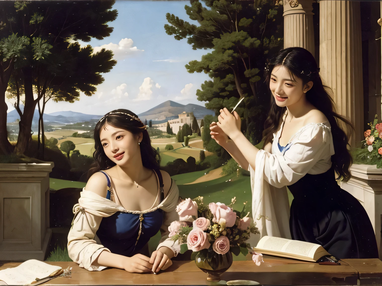 Giorgione painting style,Arguments of two female Philosophe,math、astronomical machine、astronaut、roses in vase、fruits、Cute trinkets、smile、ancient greek costume、Ancient Roman landscape in the style of Nicolas Poussin,laughter,,Sweet and seductive appearance.、Caravaggio's paintings、Chiaroscuro of Caravaggio、hair tousled by the wind,Two women frolicking,cute smile, expression of ecstasy,Sexy,erotic 