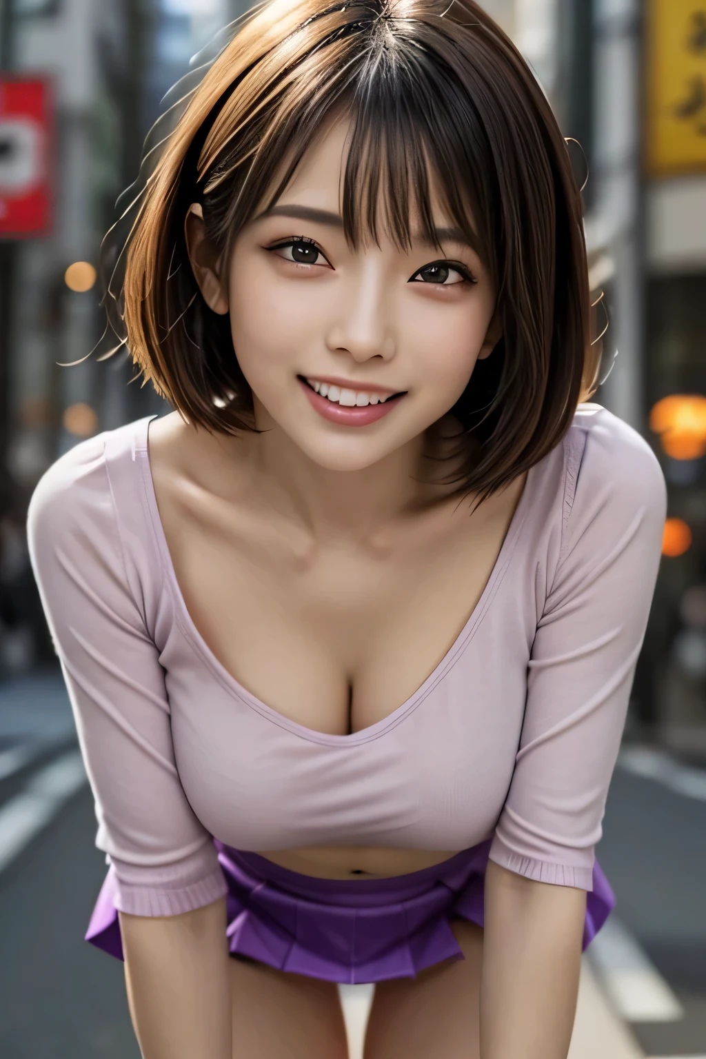(Photoreal:1.4), (Super detailed), (highest quality), (best shadow), (masterpiece), ultra high resolution, 1 Ultimate beautiful mature woman, highly detailed face, (perfect teeth), fine eyes, double eyelid, eyelash, lip details, short black hair, (light purple fancy blouse:1.2), (red tight mini skirt:1.3), light pink panties, (big breasts), smile, thighs, Depth of written boundary, perfect lighting, With background: (Tokyo Ginza street)