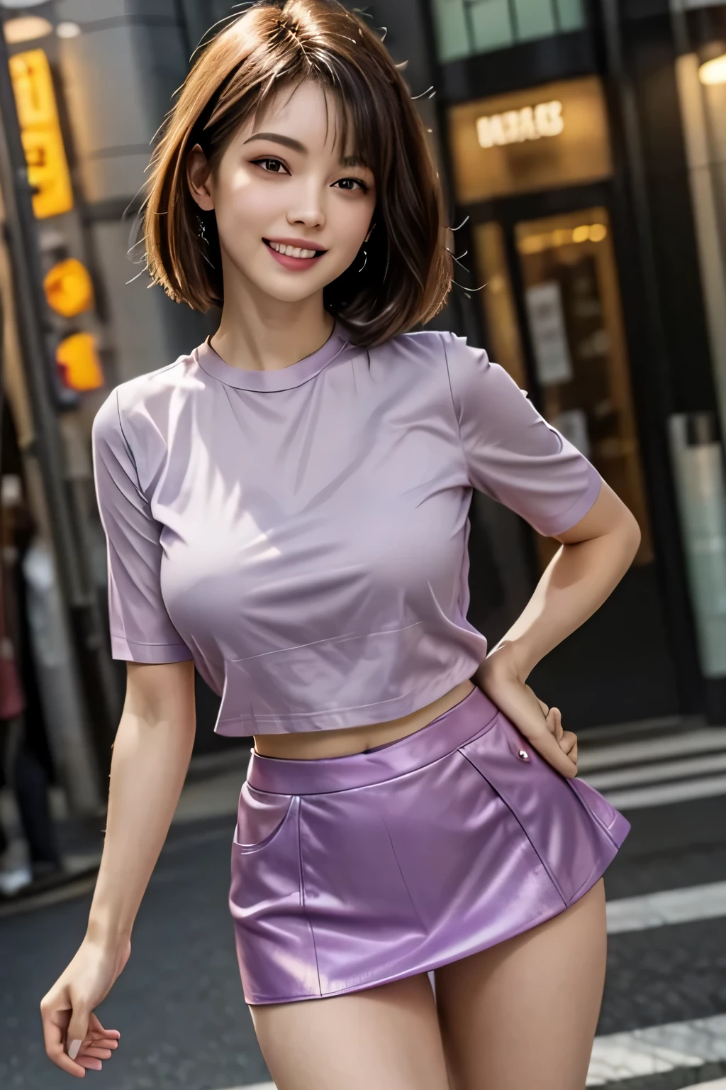 (Photoreal:1.4), (Super detailed), (highest quality), (best shadow), (masterpiece), ultra high resolution, 1 Ultimate beautiful mature woman, highly detailed face, (perfect teeth), fine eyes, double eyelid, eyelash, lip details, short black hair, (light purple fancy blouse:1.2), (red tight mini skirt:1.3), light pink panties, (big breasts), smile, thighs, Depth of written boundary, perfect lighting, With background: (Tokyo Ginza street)
