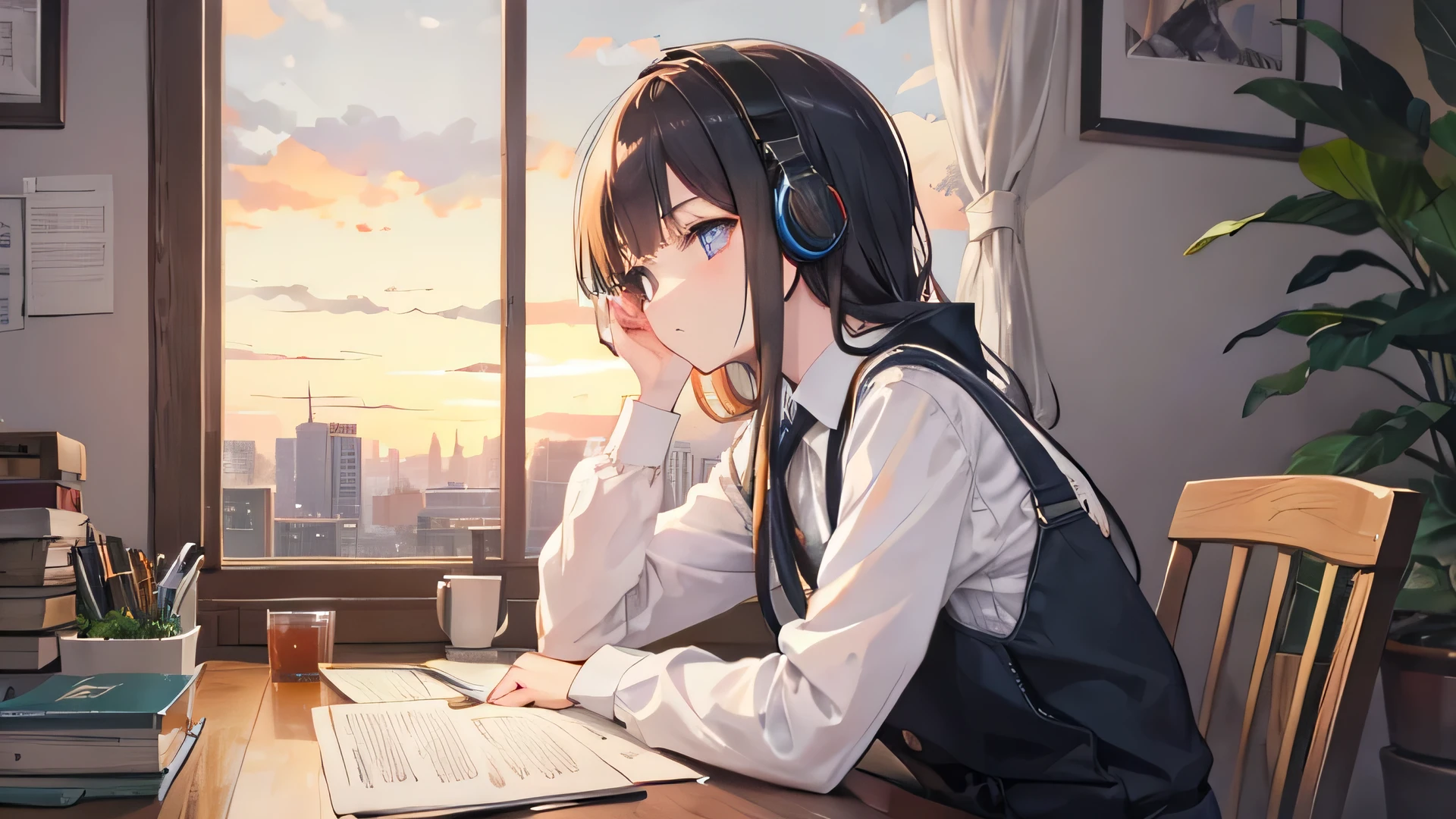 Evening Cafe Sitting in a chair and silently alone々A girl studying with He wears headphones and keeps writing in his notebook with a serious expression on his face. the sky is orange