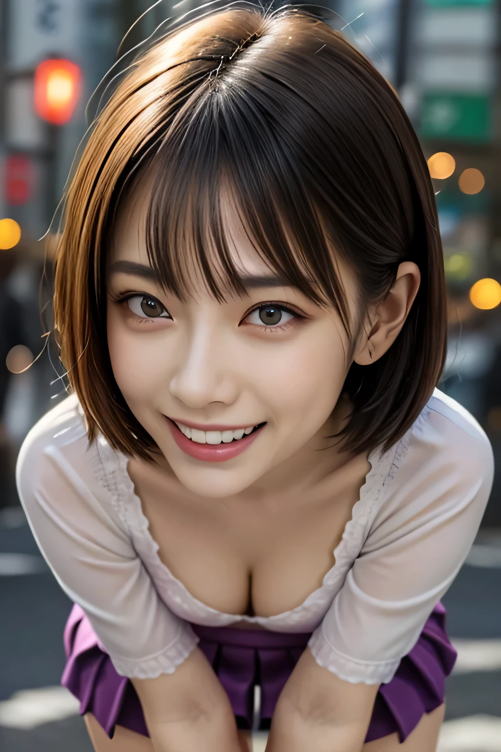 (Photoreal:1.4), (Super detailed), (highest quality), (best shadow), (masterpiece), ultra high resolution, 1 Ultimate beautiful mature woman, highly detailed face, (perfect teeth), fine eyes, double eyelid, eyelash, lip details, short black hair, (light purple fancy blouse:1.2), (red tight mini skirt:1.3), light pink panties, (big breasts), smile, thighs, Depth of written boundary, perfect lighting, With background: (Tokyo Ginza street)