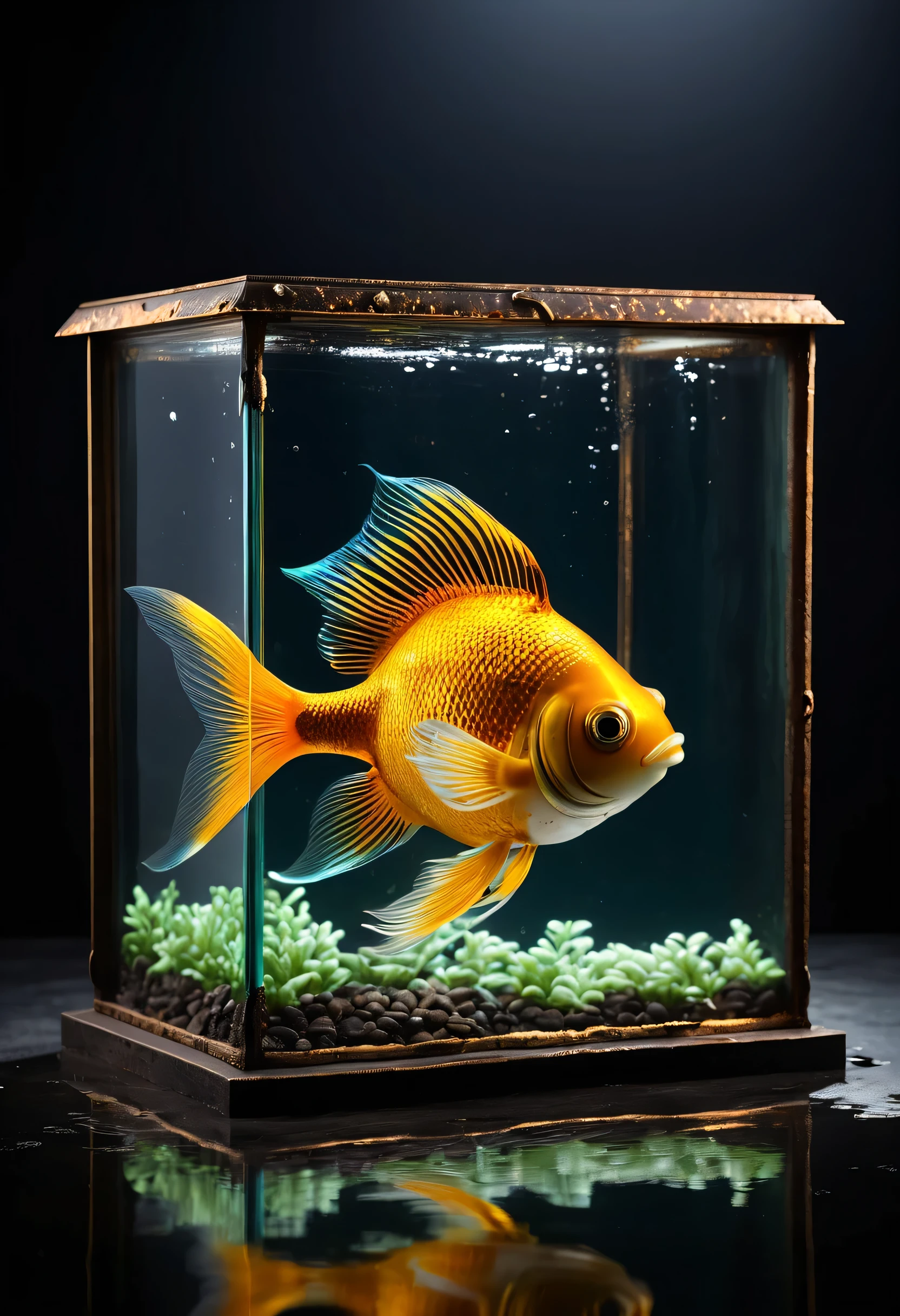 product photography, a glass aquarium with metall edges and with a golden fish inside, the edges made of rusted metal, dark rough background, lightning and shadow from the window, captured by Hasselblad X1D --ar 16:9 --style raw -