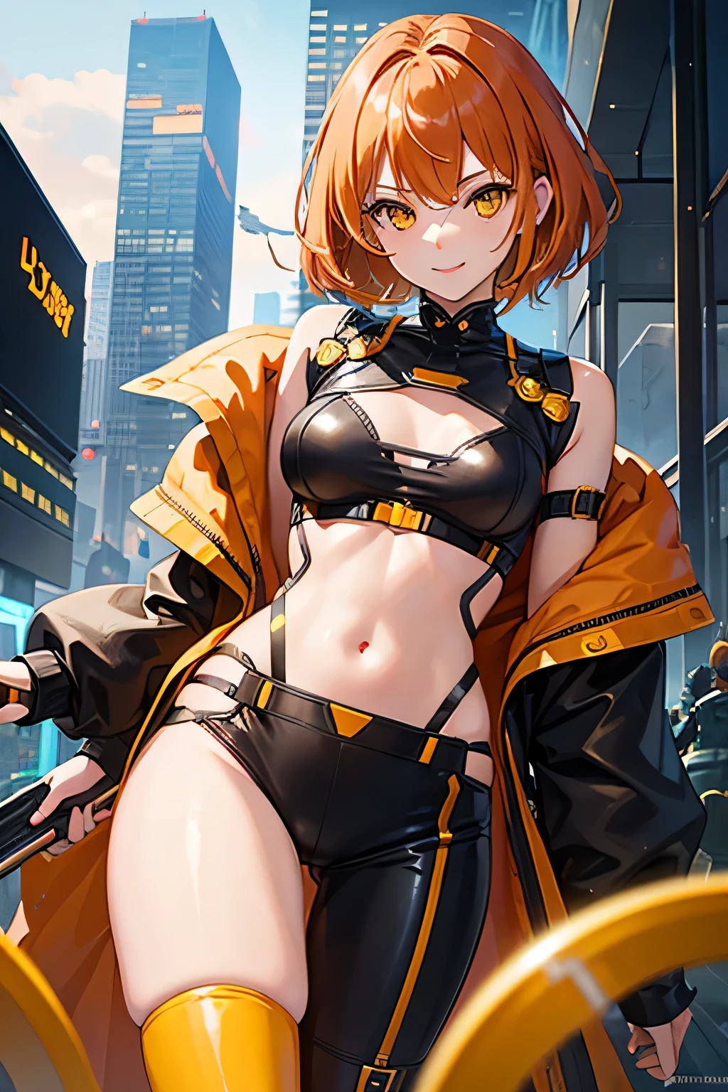 masterpiece, ultra detail, high resolution, ultra detailed, best quality, amazing, top quality, cinematic lighting, detailed, Female, solo, soldier, sexy uniform, smiling, standing, cyberpunk, bodysuit, hair, canine, dark brown body, all brown face, dark brown fur, plain fur, no secondary fur color, plain fur, silver eyes, gold hair, afro, detailed eyes, muscular, large biceps, happy, big breasts, toned thighs, sexy, white horn, one horn sticking out of the side of the head, nipple bulge in clothes, leather jacket