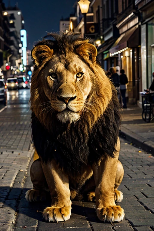 a lion on a street in the city, the lion is big, imponente, His gaze is deep, juba grande e bonita, hd, 4k, 8k, fotografia, real