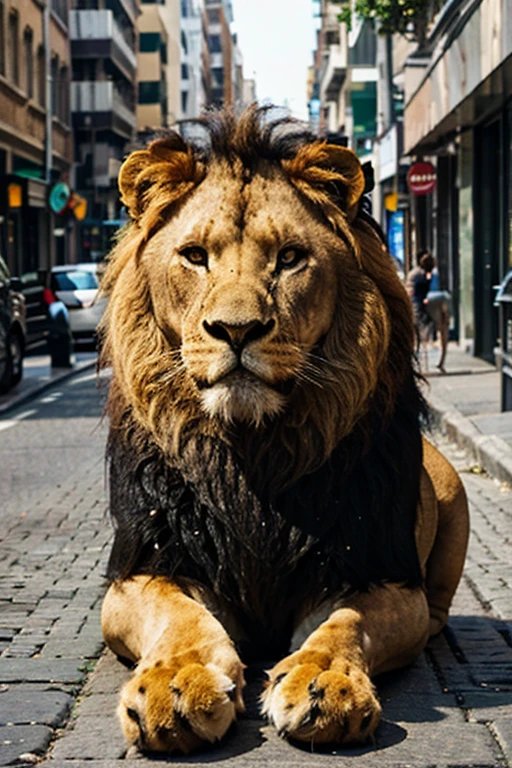 a lion on a street in the city, the lion is big, imponente, His gaze is deep, juba grande e bonita, hd, 4k, 8k, fotografia, real