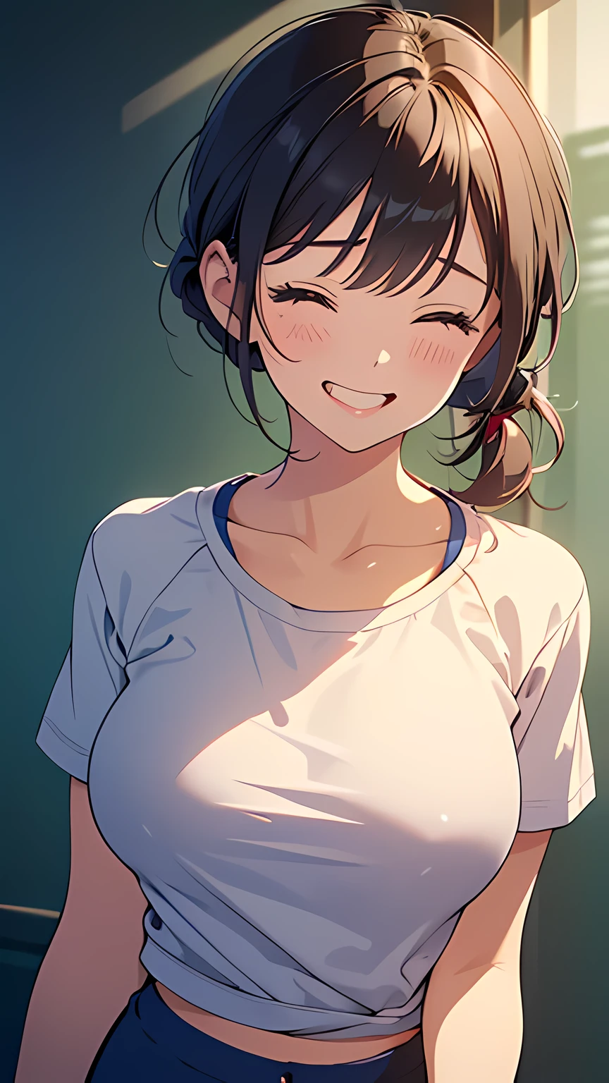 masterpiece,best quality, ultra high res,(beautiful woman:1.2),(beautiful Oversized :1.3),(happy:1.2),(enjoy:1.2), (dark hair:1), (short low ponytail:1.2), medium hair,a  mole around the mouth,wet lip, (burst into laughter:1.4), Laughing at  viewer, (squinting:1.4), (shoot from side:1.2),(simple plain uniform:1.5),(gym uniform:1), school gym clothes,(plain:1.8),(wearing round neck white t-shirt:1.2), navy blue short Sweatpants , upper body shot,