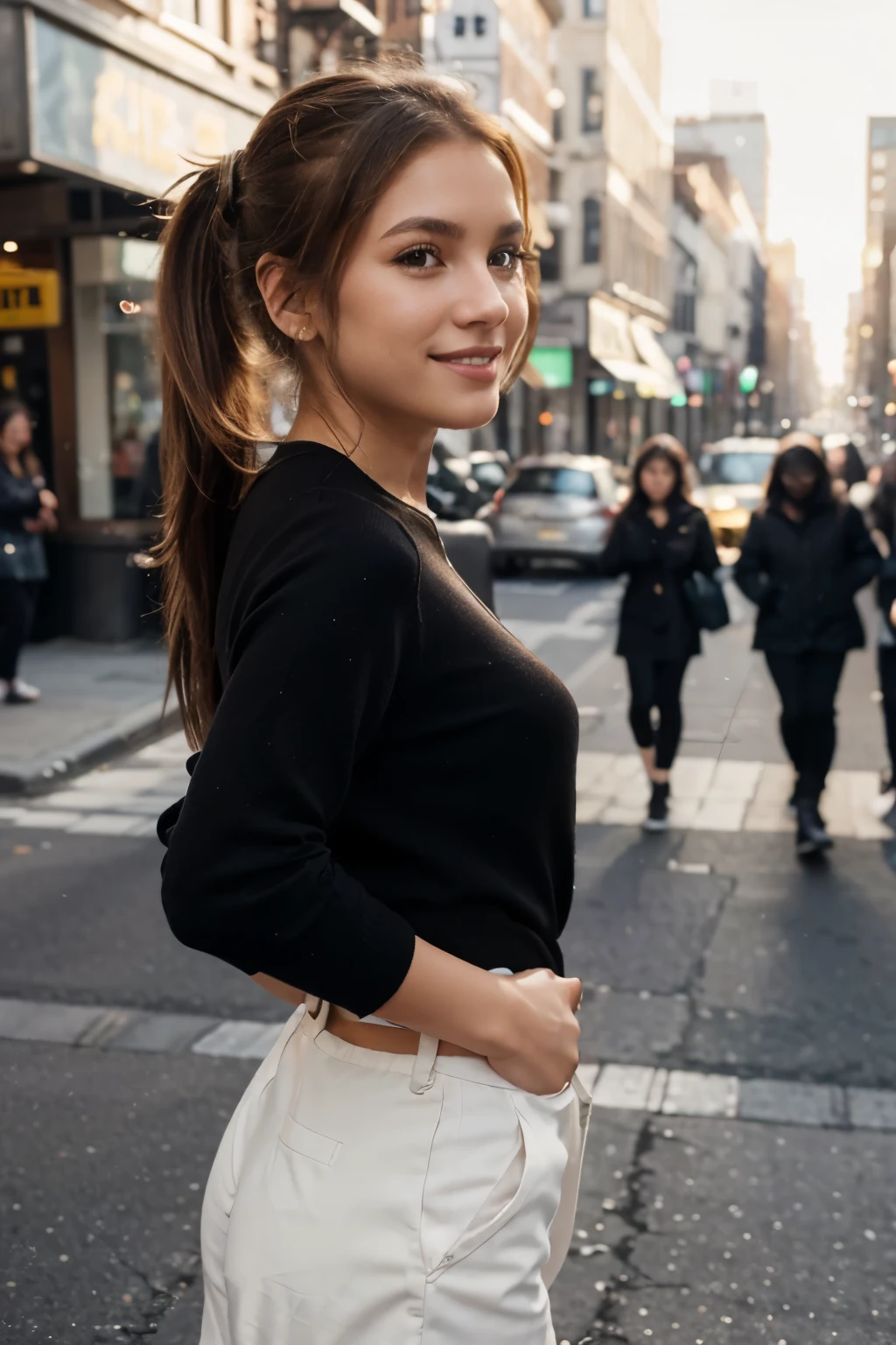 In the heart of a bustling city, a woman with cascading brown hair styled in a ponytail stands out against the backdrop of a busy street. With a casual elegance that captivates the eye, she takes a selfie using her smartphone, her bright smile radiant under the afternoon sun. The exceptional clarity of the 4K image reveals every detail of her stylish outfit and fit physique. The backlight effect adds dynamic depth to her silhouette, while the Nikon D850 and AF-S NIKKOR 85mm f/1.4G lens capture every lifelike detail, from her engaging gaze directly into the camera, to the subtle text