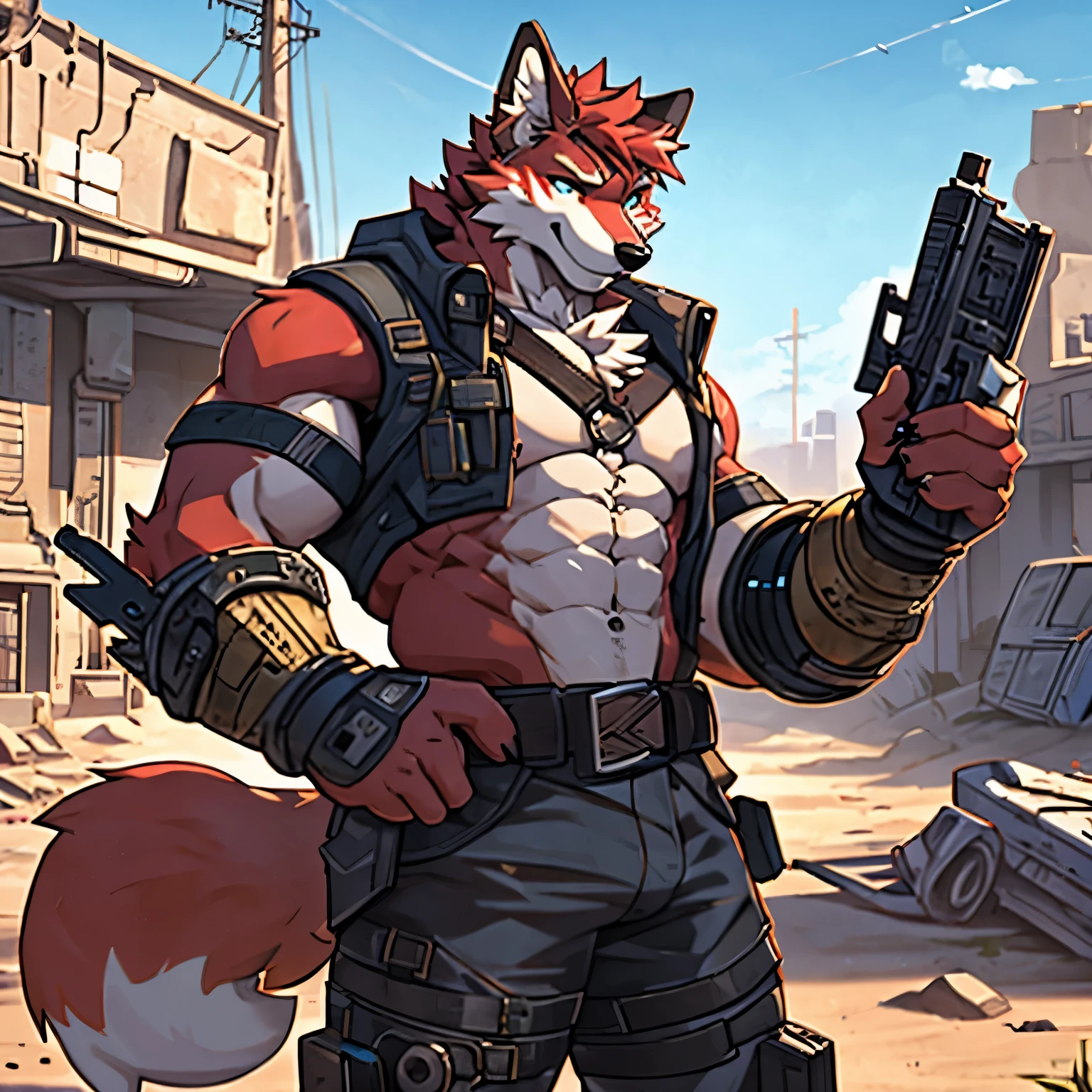 4k, actual, high detail, super detailed, Wasteland wind，Abs loom，fox，red fur，Strong body，gun in hand，Wearing stylish sunglasses，One hand is a prosthetic