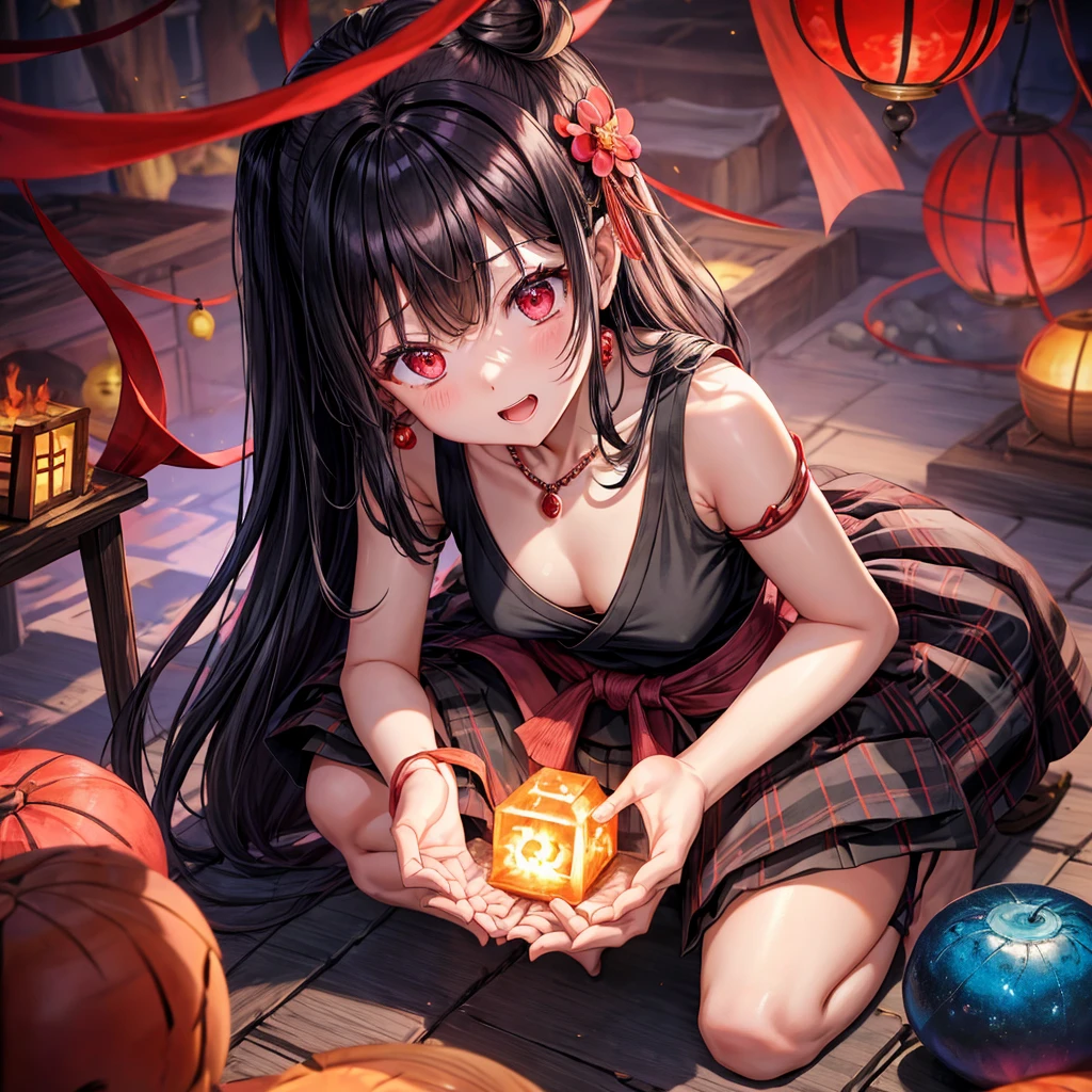 Pink-black hair、red eyes、one good looking girl、solo、anime、plaid mini skirt、black camisole、black t-shirt、kimono、wearing a ribbon、ribbon at waist、stone slabs are piled up、crystal earrings、jewelry necklace、Light and shadow、clock、universe、vine plant、petal、tilting one&#39;s face、teeth are visible、fire spirit、book of magic、Cube、bamboo forest、lava、Plum blossom、squatting down、Have a kokeshi、moonlight