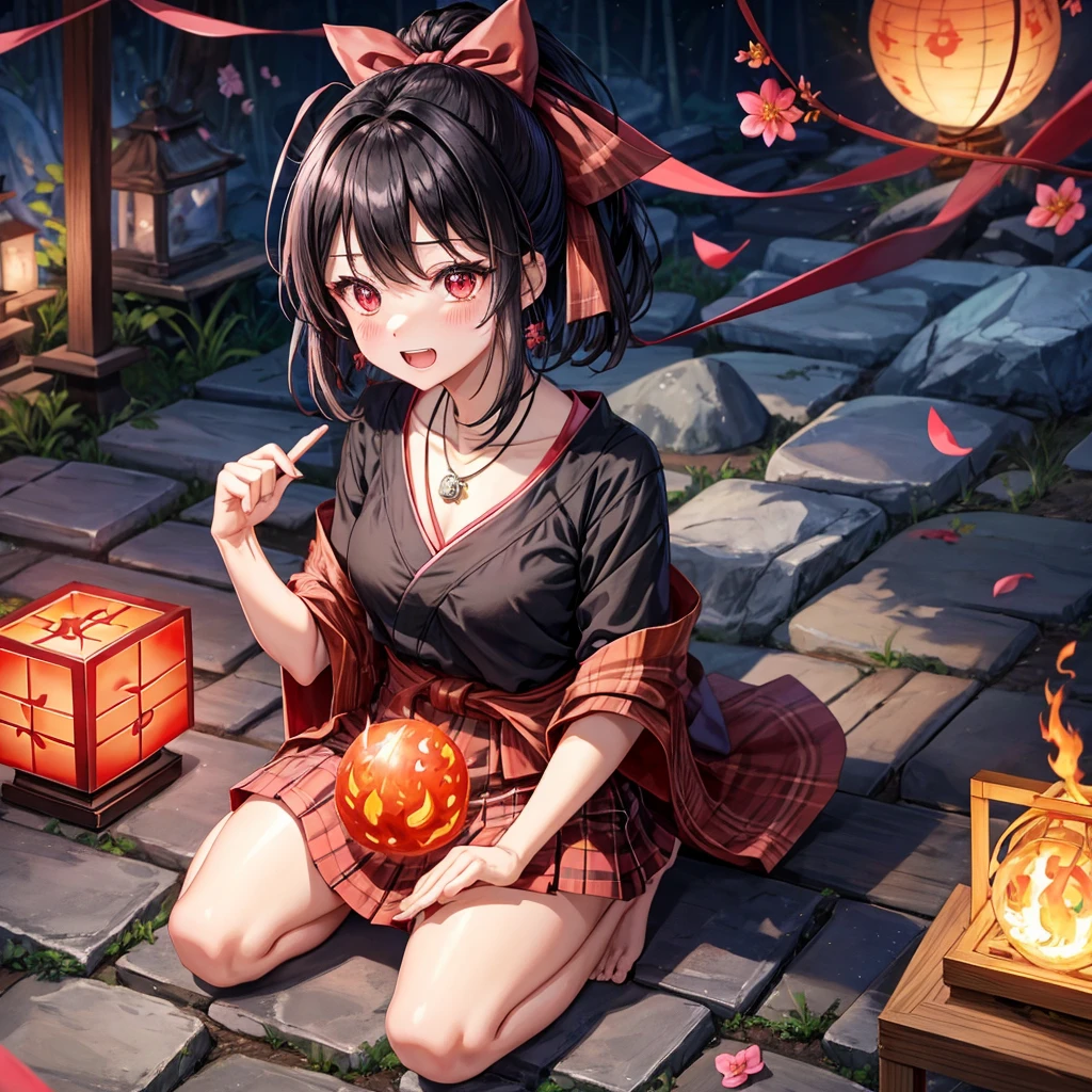 Pink-black hair、red eyes、one good looking girl、solo、anime、plaid mini skirt、black camisole、black t-shirt、kimono、wearing a ribbon、ribbon at waist、stone slabs are piled up、crystal earrings、jewelry necklace、Light and shadow、clock、universe、vine plant、petal、tilting one's face、teeth are visible、fire spirit、book of magic、Cube、bamboo forest、lava、Plum blossom、squatting down、Have a kokeshi、moonlight