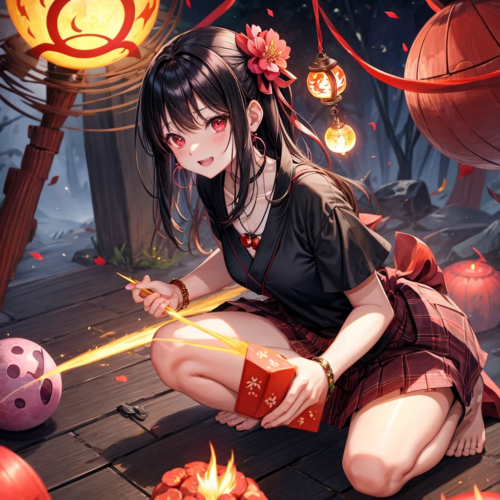 Pink-black hair、red eyes、one good looking girl、solo、anime、plaid mini skirt、black camisole、black t-shirt、kimono、wearing a ribbon、ribbon at waist、stone slabs are piled up、crystal earrings、jewelry necklace、Light and shadow、clock、universe、vine plant、petal、tilting one&#39;s face、teeth are visible、fire spirit、book of magic、Cube、bamboo forest、lava、Plum blossom、squatting down、Have a kokeshi、moonlight