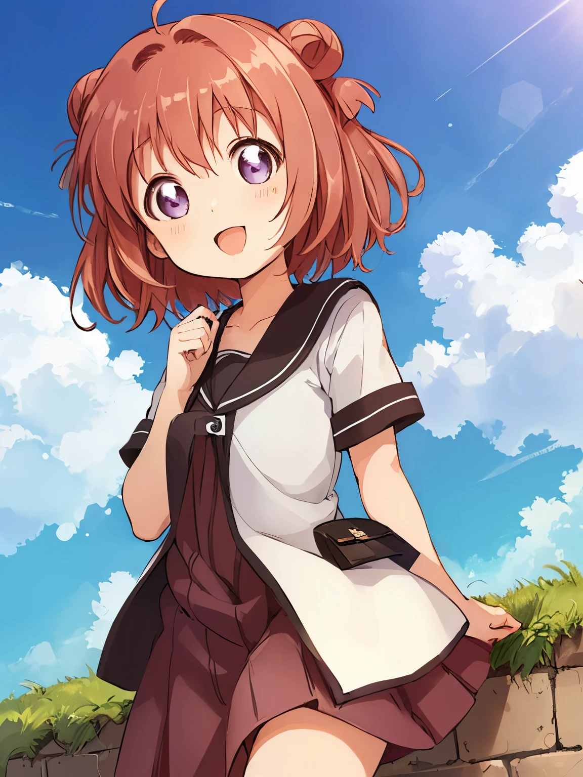 akari feature,((masterpiece)),(((highest quality))),((Super detailed)),((figure)), ((messy hair)), {very detailed}, (Light function), outdoor, blue sky, detailed background, cloud, smile, flow