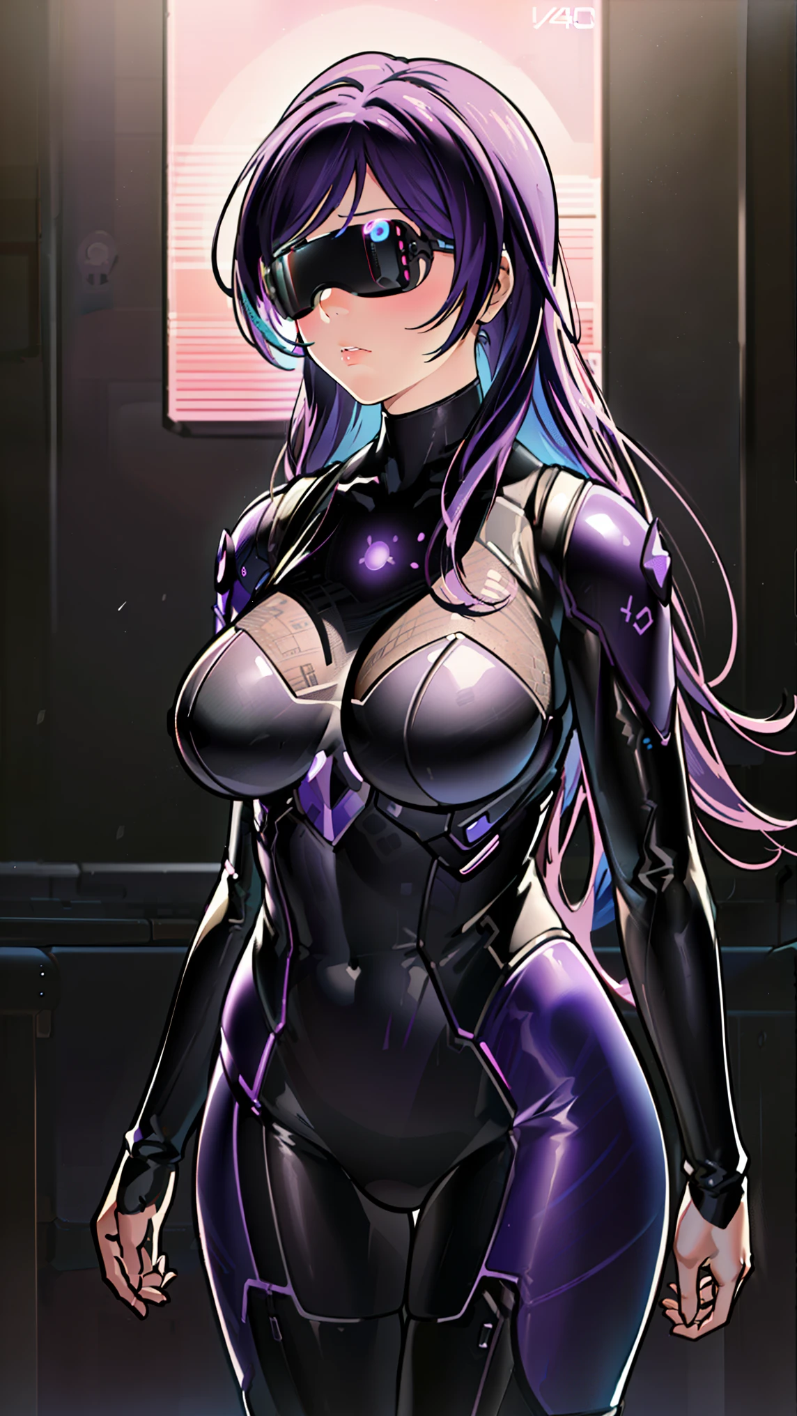 1 girl,NSFW,Nozomi Tojo, (lovelive), VR visor, clavicle, absurd, brainwashing,Combatant, empty eyes,((purple glowing eyes 1.8)), ( huge breasts 1.2 ), ((stand up, Standing in honor)), No expression, emotions removed,((black bodysuit)),look away , whole body shape,(highest quality、4k、8K、High resolution、must have:1.2)、Super detailed、(reality、It&#39;s realistic、realistic:1.37)、ticker、hyper hd、studio lighting、ultra definition paint、sharp focus、Physically based rendering、extreme details、Professional specifications、vibrancy and color、blurry、sports portrait、landscape、horror style、anime big breasts、SF、photograph、concept artist、five fingers, perfect body,  {{{masterpiece}}}, {{{highest quality}}}, {{Super detailed}}, {shape}, {{very delicate and beautiful}},Improved cost performance、all roles、Canon 5D MK4でphotograph、photograph, 