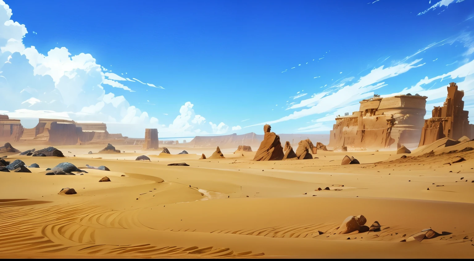 sands, blue sky, rocks, clouds, anime background