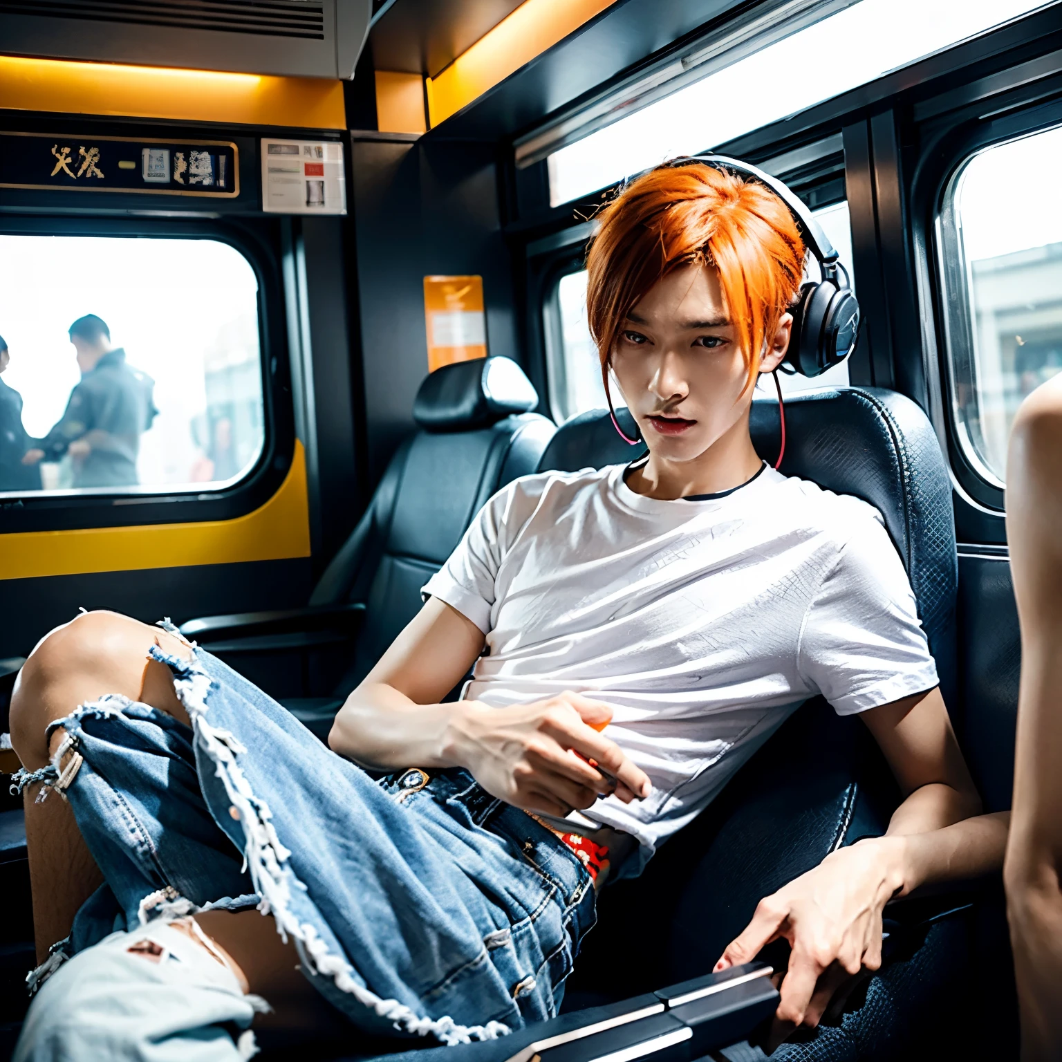 A man so angry that he explodes，There are three shining five-pointed stars on the head，A thin man with dyed hair wearing headphones，orange hair，fluffy，Playing games on mobile phone，His expression was angry and surprised，Three stars popped out of his head，He is playing games on the train heading to &quot;Chengdu&quot;，He is wearing white short sleeves and blue jeans，There is also a pair of super expensive AJ shoes，He was furious，He is gay。