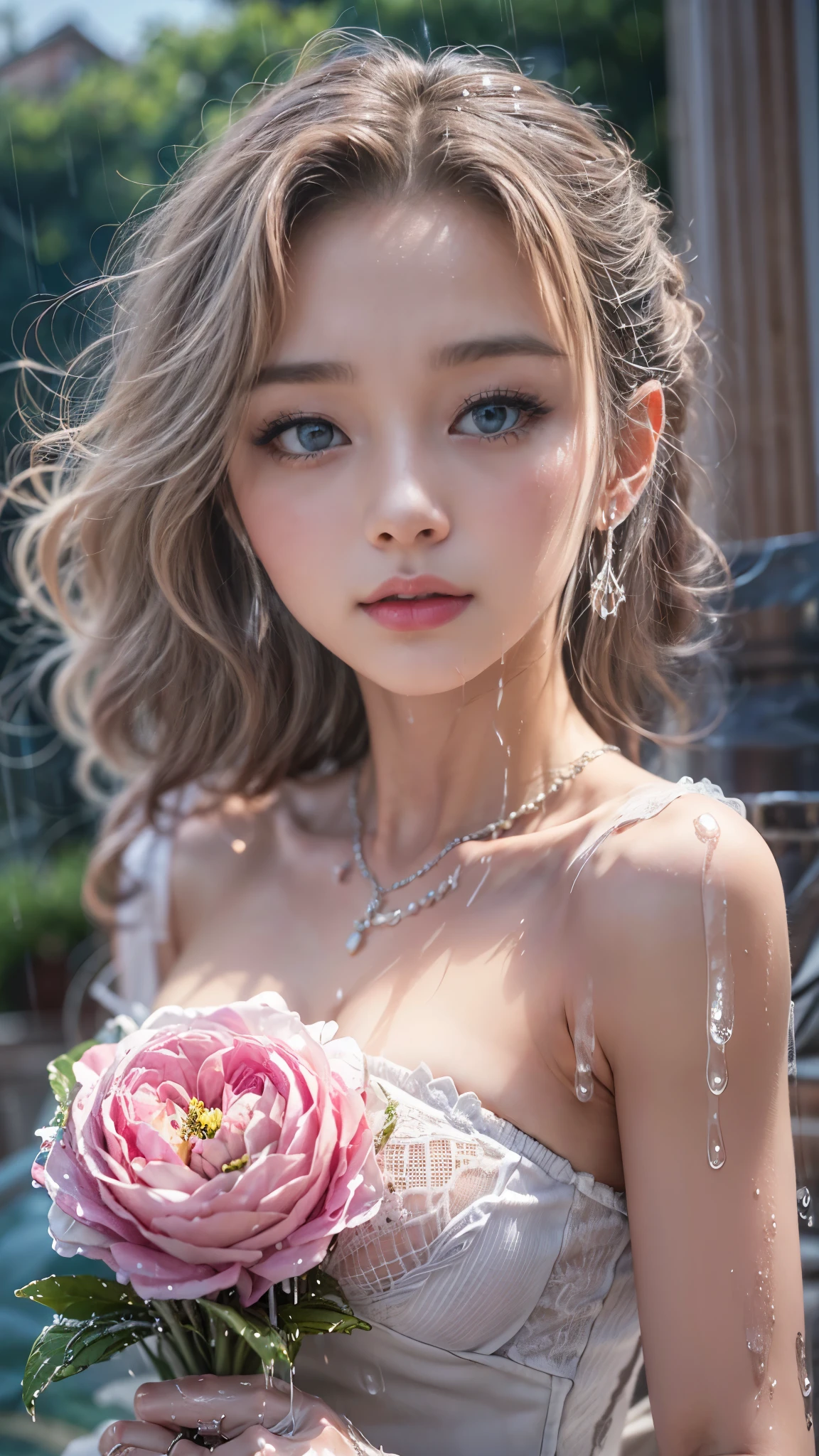 (RAW shooting, Photoreal:1.5, 8K, highest quality, masterpiece, ultra high resolution), perfect dynamic composition:1.2, (modern city night, In front of the church), expression of sadness:0.5, (((Typhoon heavy rain))), Highly detailed skin and facial textures:1.2, Slim office lady wet in the rain:1.3, Fair skin:1.2, sexy beauty:1.1, perfect style:1.2, beautiful and aesthetic:1.1, very beautiful face, water droplets on the skin, (rain drips all over my body:1.2, wet body:1.2, wet hair:1.3), (Holding a wet bouquet:1.2, wet pink wedding dress:1.3), (Medium chest, Bra is sheer, Chest gap), (cry:0.4, lovelorn:0.4, The expression on your face when you feel intense caress, Facial expression when feeling pleasure), (beautiful blue eyes, Eyes that feel beautiful eros:0.8), (Too erotic:0.9, Bewitching:0.9), cowboy shot, necklace, earrings, bracelet