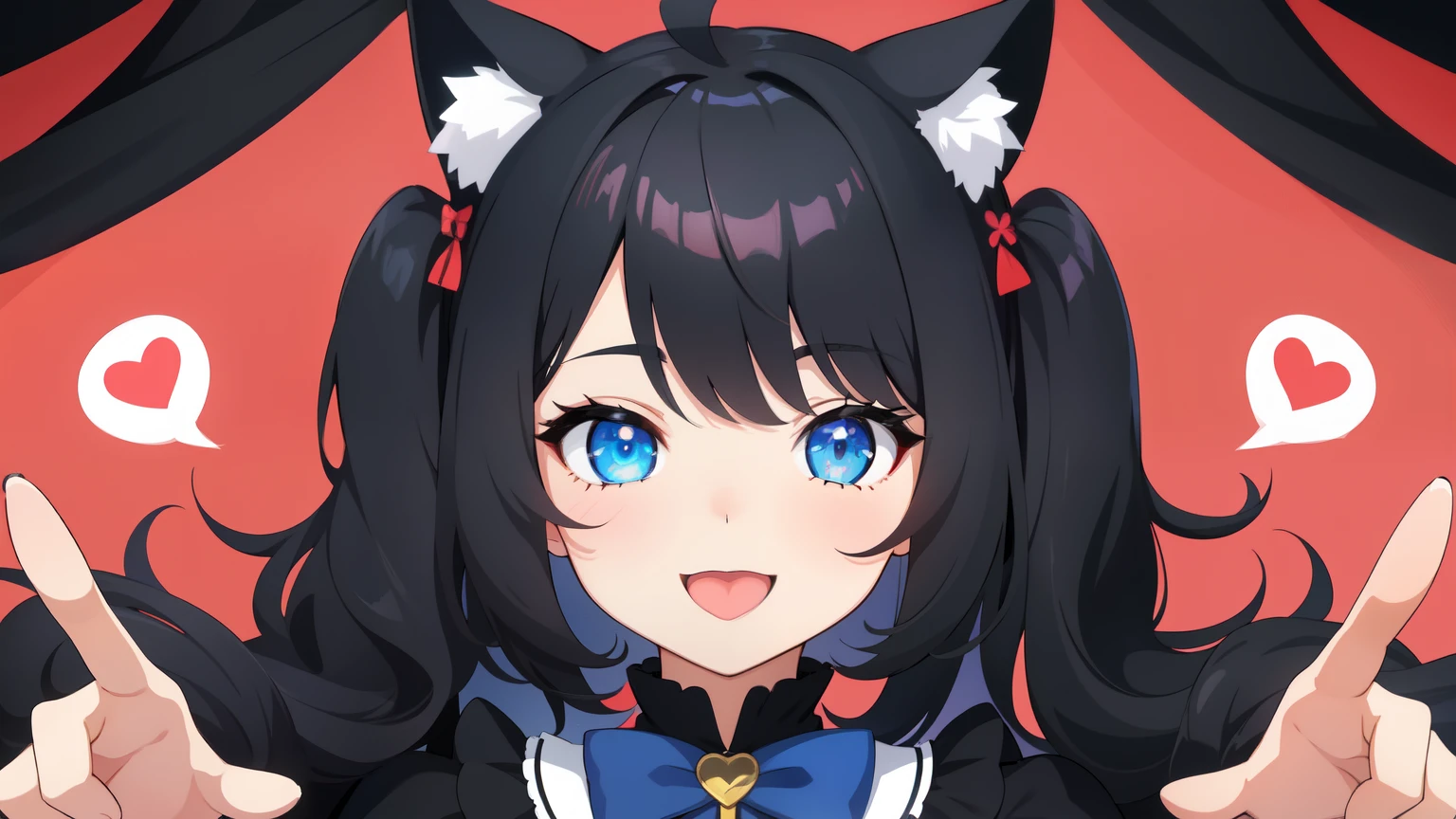 looking at the viewer, 1 girl, open your mouth, smile, Virtual YouTuber、with a girl、((highest quality, expensive_solve, clear_image)),(black hair), (black cat ears), (Ahoge), (ridiculously short hair), (wavy hair), (blue eyes),、laughter、very big breasts,valentine's day、stuck out tongue、random pose