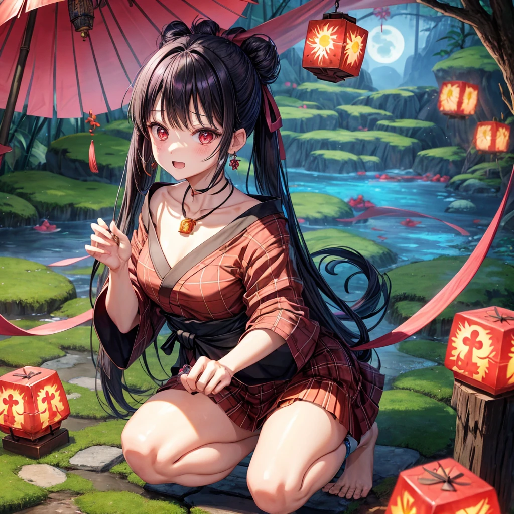 Pink-black hair、red eyes、one good looking girl、solo、anime、plaid mini skirt、black camisole、black t-shirt、kimono、wearing a ribbon、ribbon at waist、stone slabs are piled up、crystal earrings、jewelry necklace、Light and shadow、clock、universe、vine plant、petal、tilting one&#39;s face、teeth are visible、fire spirit、book of magic、Cube、bamboo forest、lava、Plum blossom、squatting down、Have a kokeshi、moonlight