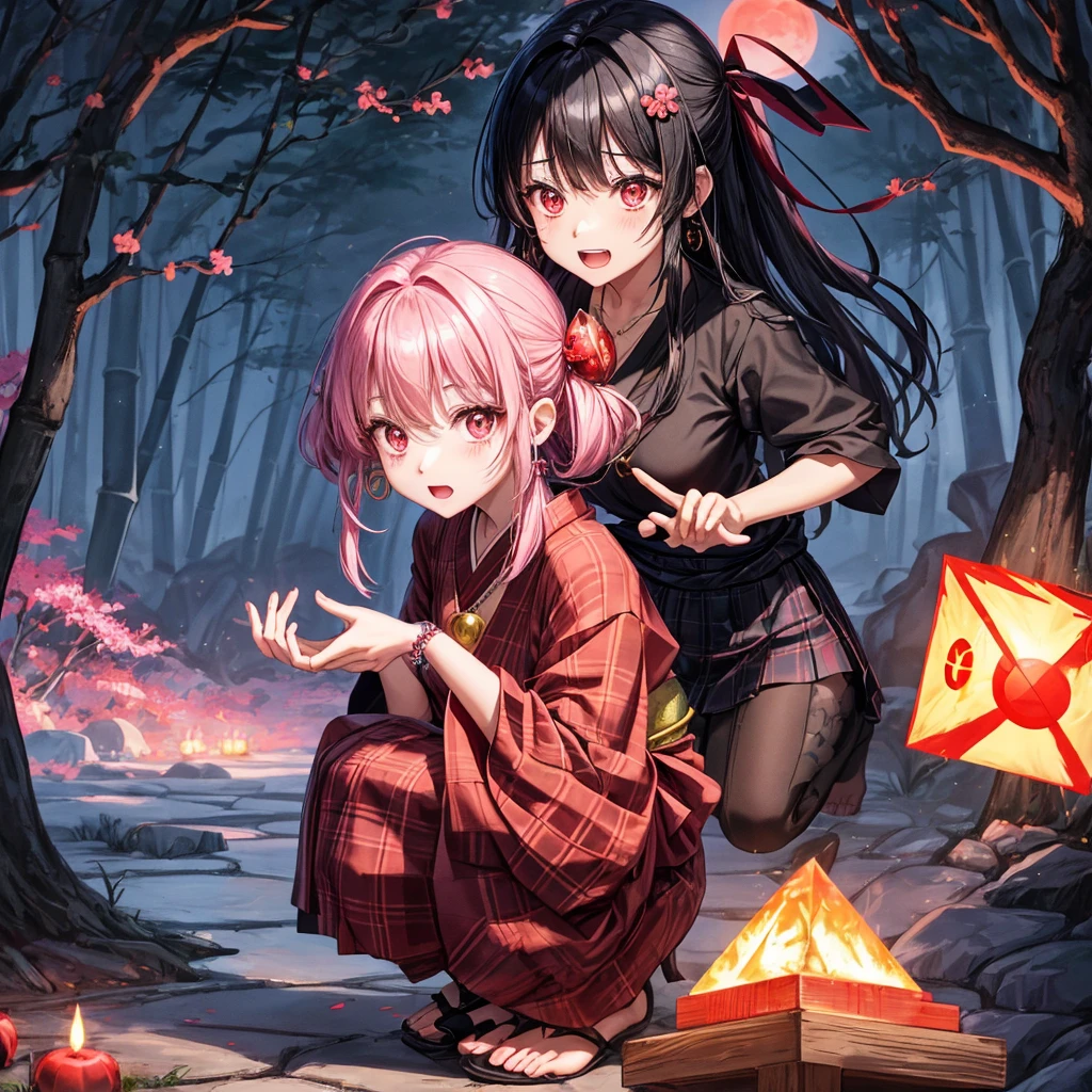 pink black blonde、red eyes、one good looking girl、solo、anime、plaid mini skirt、black camisole、black t-shirt、kimono、wearing a ribbon、ribbon at waist、stone slabs are piled up、crystal earrings、jewelry necklace、Light and shadow、clock、universe、vine plant、petal、tilting one&#39;s face、teeth are visible、fire spirit、book of magic、Cube、bamboo forest、lava、Plum blossom、squatting down、Kokeshi