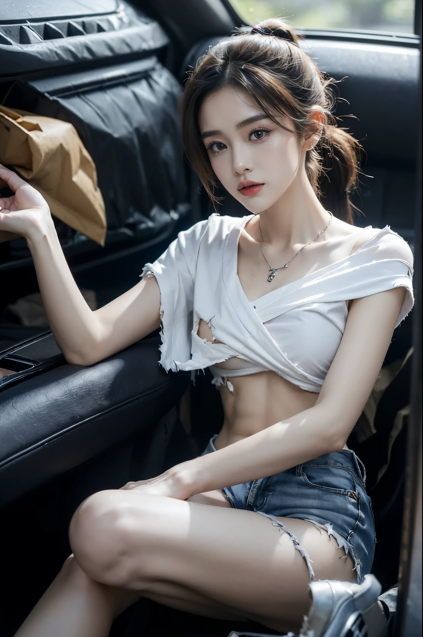 ((((8k))),((Extremely meticulous CG)) ,(wallpaper),16k,((Extremely refined and beautiful)),(((Masterpiece))),(((best qualtiy))),(((Ultra High Resolution))),beautiful light up,Perfect lightning,realistic shaded,((high resolution)),(Smooth and flawless skin:1.5),(Extremely exquisite facial details:1.2),(perfect body:1.2),(ultra-detailed),((A beautiful girl,solo)),(small head:1.2),(pale skin:1.3),(short ponytail:1.2),(small face:1.2),(baby face:1.3),(Exquisite makeup:1.2),(small breasts:1.2),(flat chests:1.2),((slim,thin)),(frown:1.5),((discomfort,disgust)),(necklace:1.2),(torn shirt:1.5),(torn shorts:1.3),(thigh straps:1.2),(slender legs:1.2),(sneakers:1.2),(day scene:1.3),(morning:1.3),(In a car:1.2),(sitting on the seat:1.3),(Dirty interior environment:1.3),(detailed background:1.5),(upper body:1.3),(from front:1.3),(The car is piled up with garbage:1.5),(rubbish:1.5)